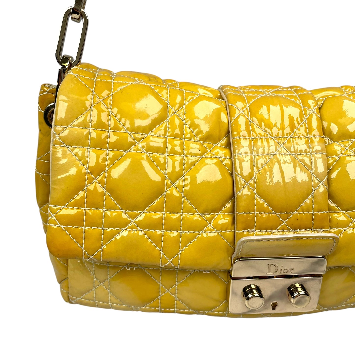 Christian Dior Yellow New Lock Patent Cannage Quilted Flap Shoulder Chain Purse