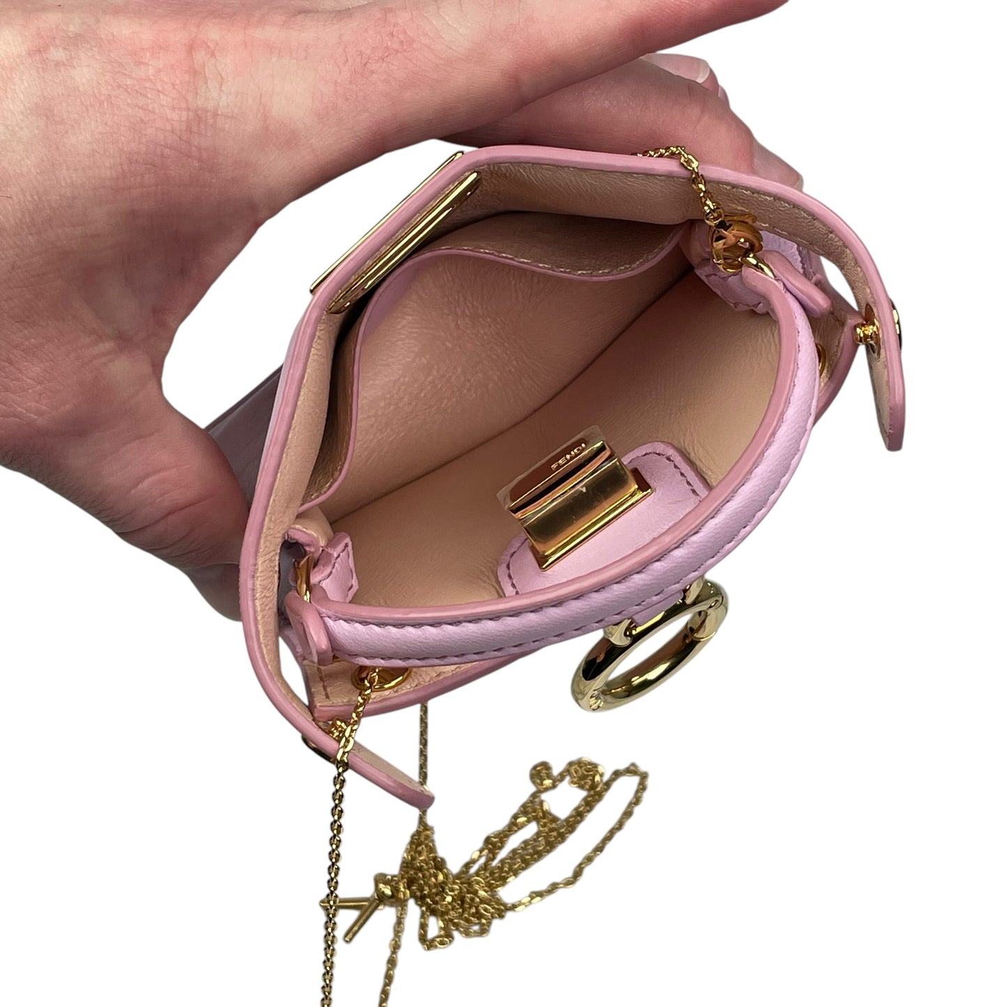 Fendi Peekaboo Micro Nappa Leather Pink Pico Gold Turn-Lock Key Chain Charm Adjustable Purse