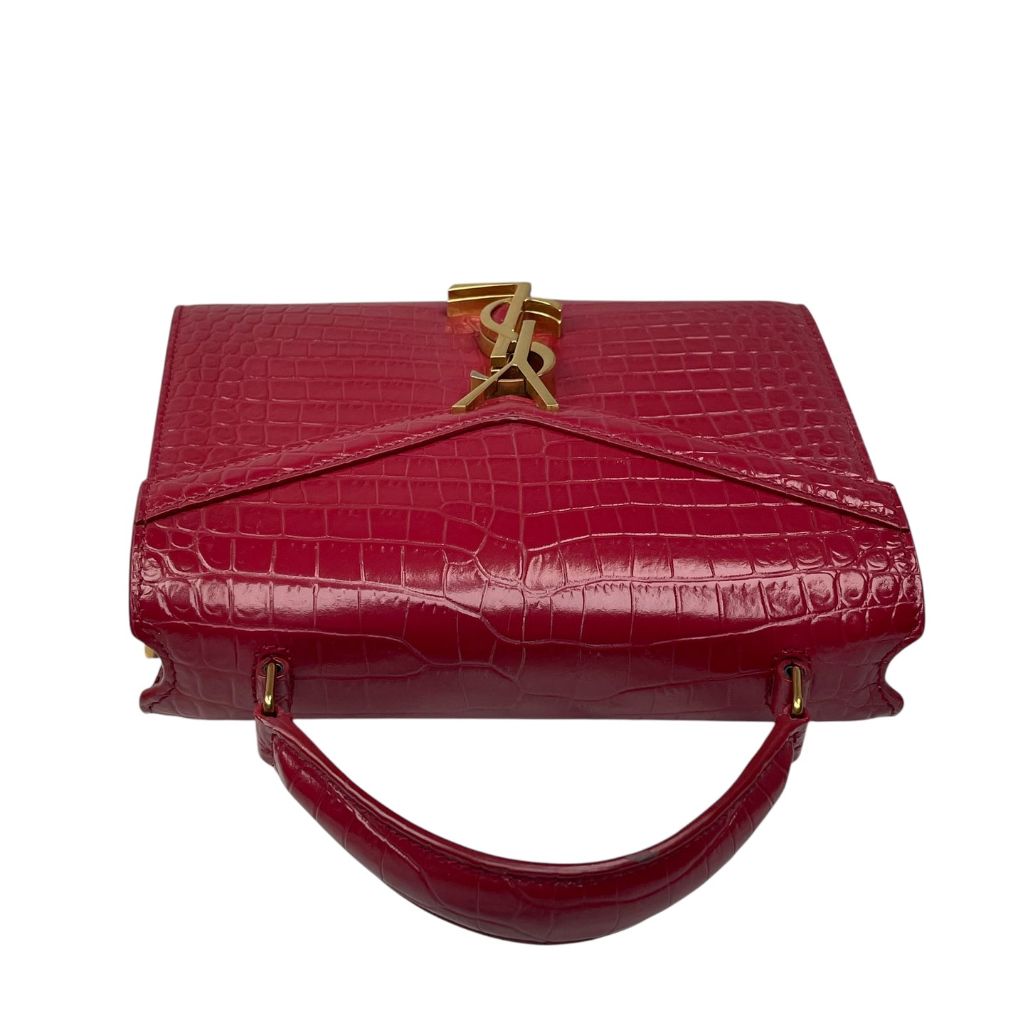YSL Saint Laurent Mini GHW Bordeaux Croc Embossed Cassandra 2-Way Top Handle