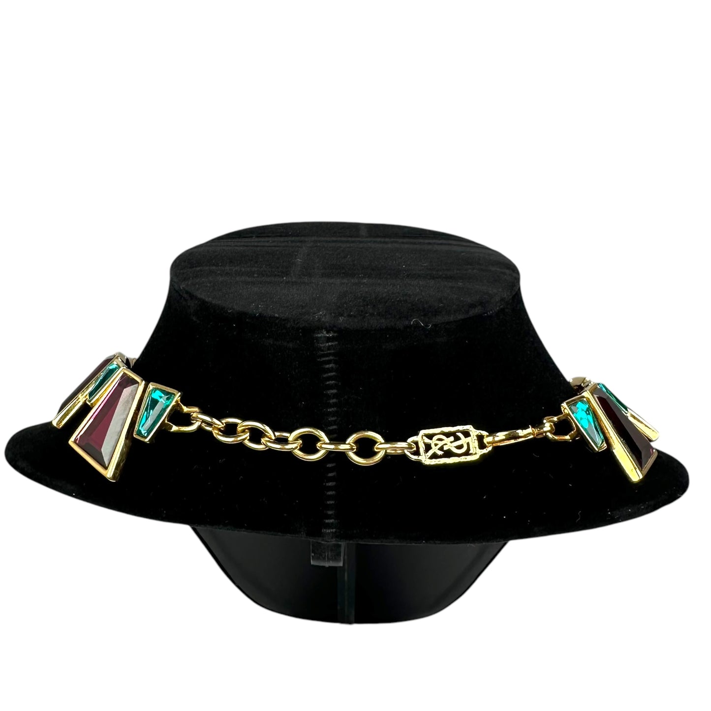 YSL 24K Plated Raspberry Peacock Trapezoid Swarovski Egyptian Mardi Gras Necklace 18"
