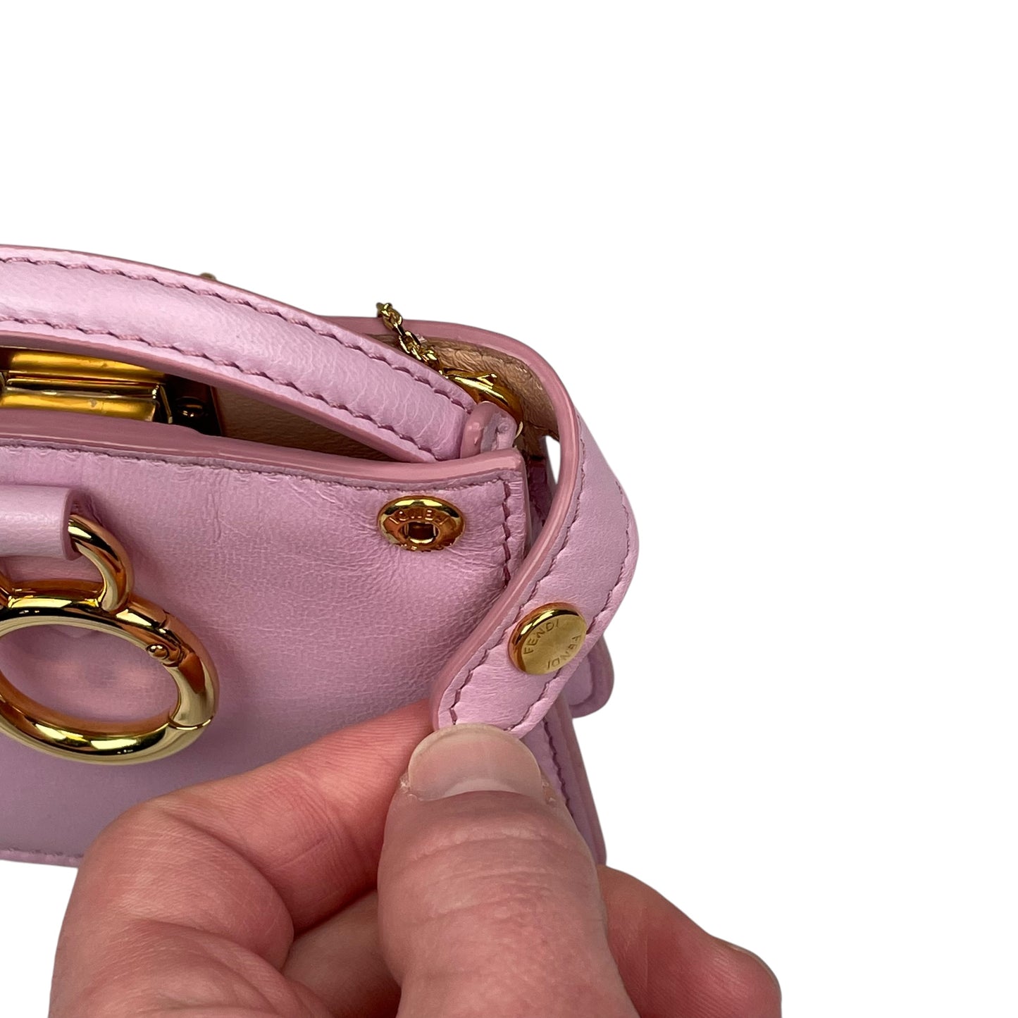 Fendi Peekaboo Micro Nappa Leather Pink Pico Gold Turn-Lock Key Chain Charm Adjustable Purse
