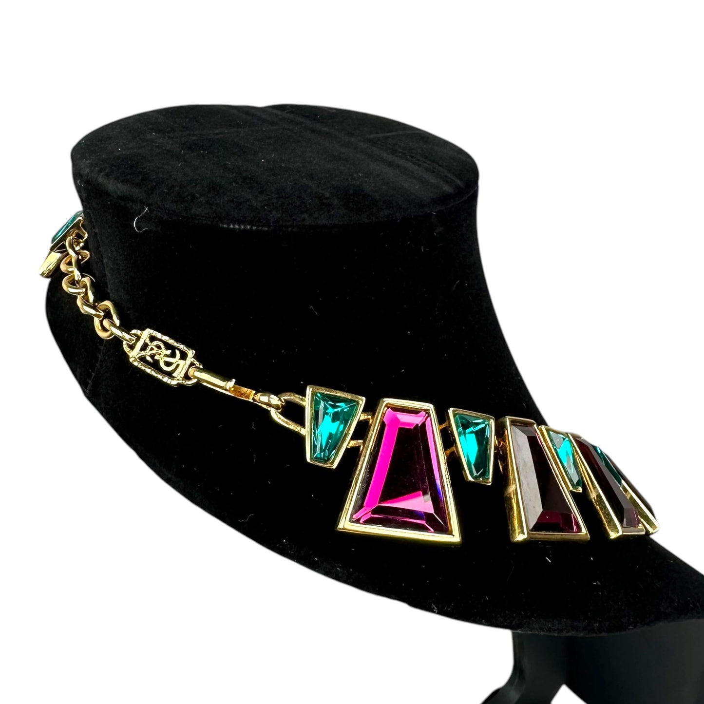 YSL 24K Plated Raspberry Peacock Trapezoid Swarovski Egyptian Mardi Gras Necklace 18"