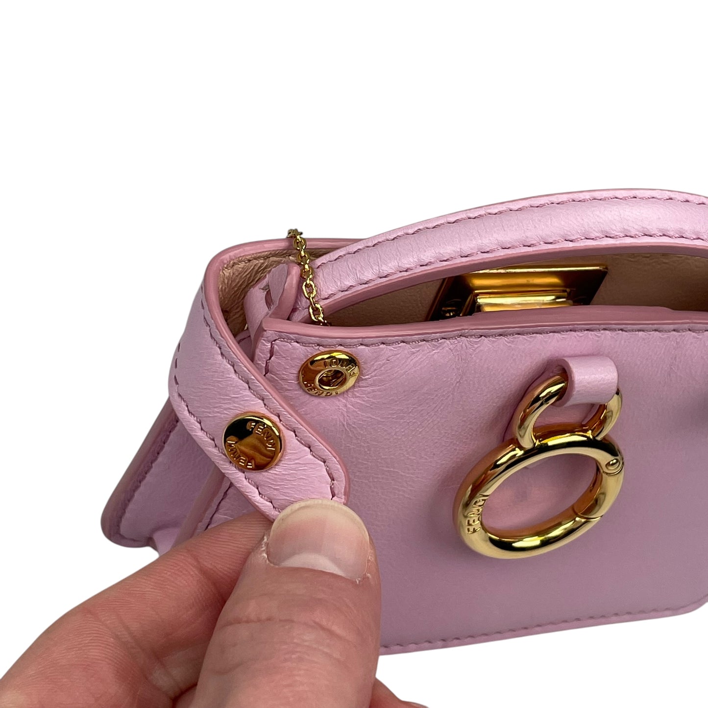 Fendi Peekaboo Micro Nappa Leather Pink Pico Gold Turn-Lock Key Chain Charm Adjustable Purse