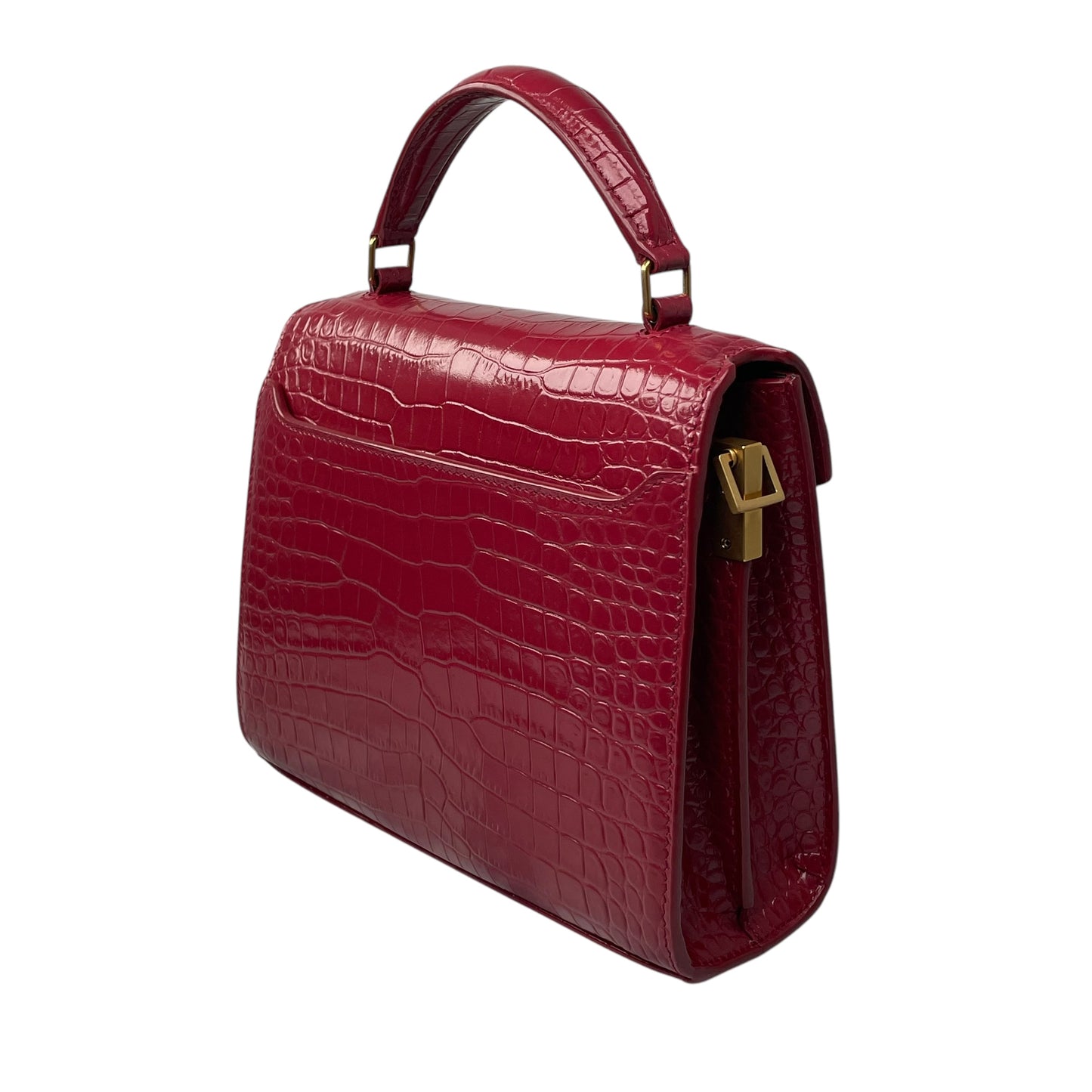 YSL Saint Laurent Mini GHW Bordeaux Croc Embossed Cassandra 2-Way Top Handle