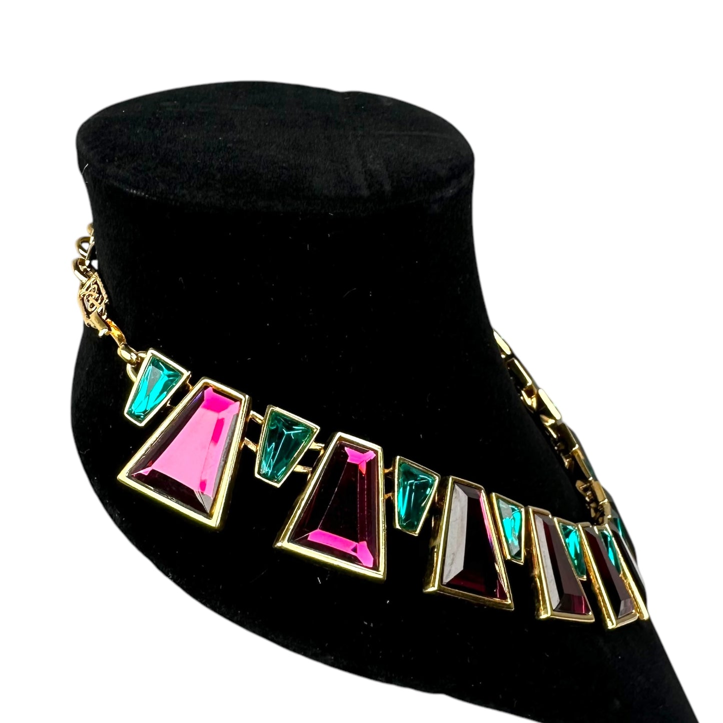 YSL 24K Plated Raspberry Peacock Trapezoid Swarovski Egyptian Mardi Gras Necklace 18"