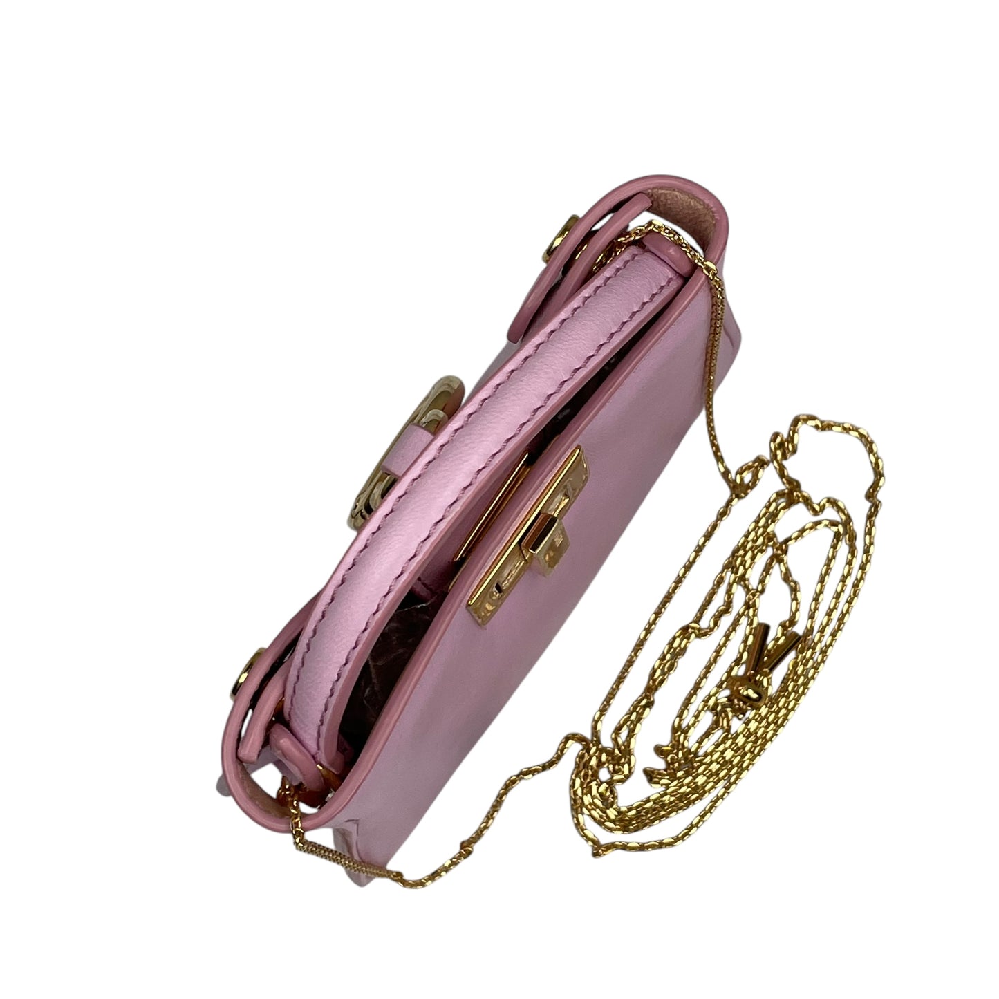 Fendi Peekaboo Micro Nappa Leather Pink Pico Gold Turn-Lock Key Chain Charm Adjustable Purse