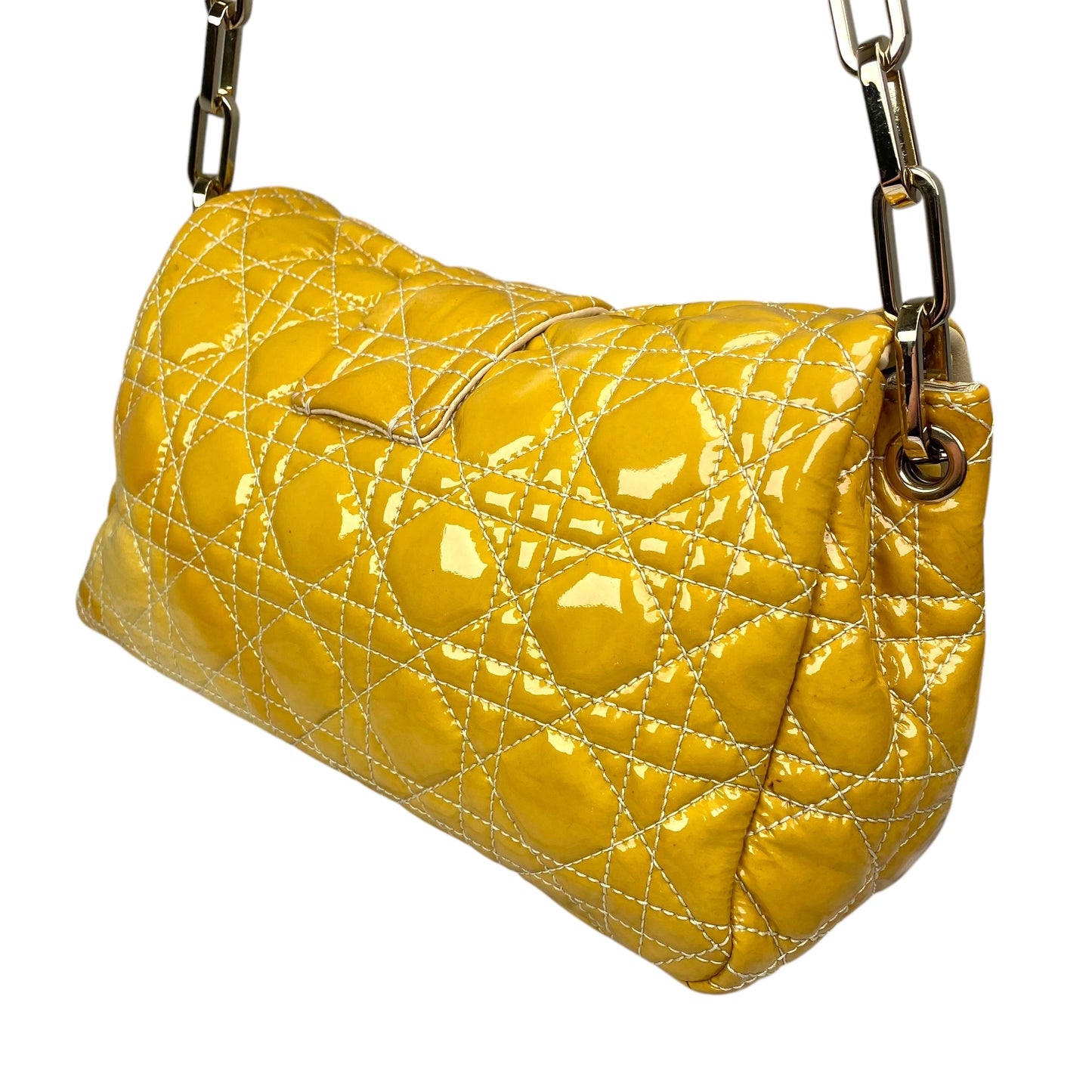 Christian Dior Yellow New Lock Patent Cannage Quilted Flap Shoulder Chain Purse