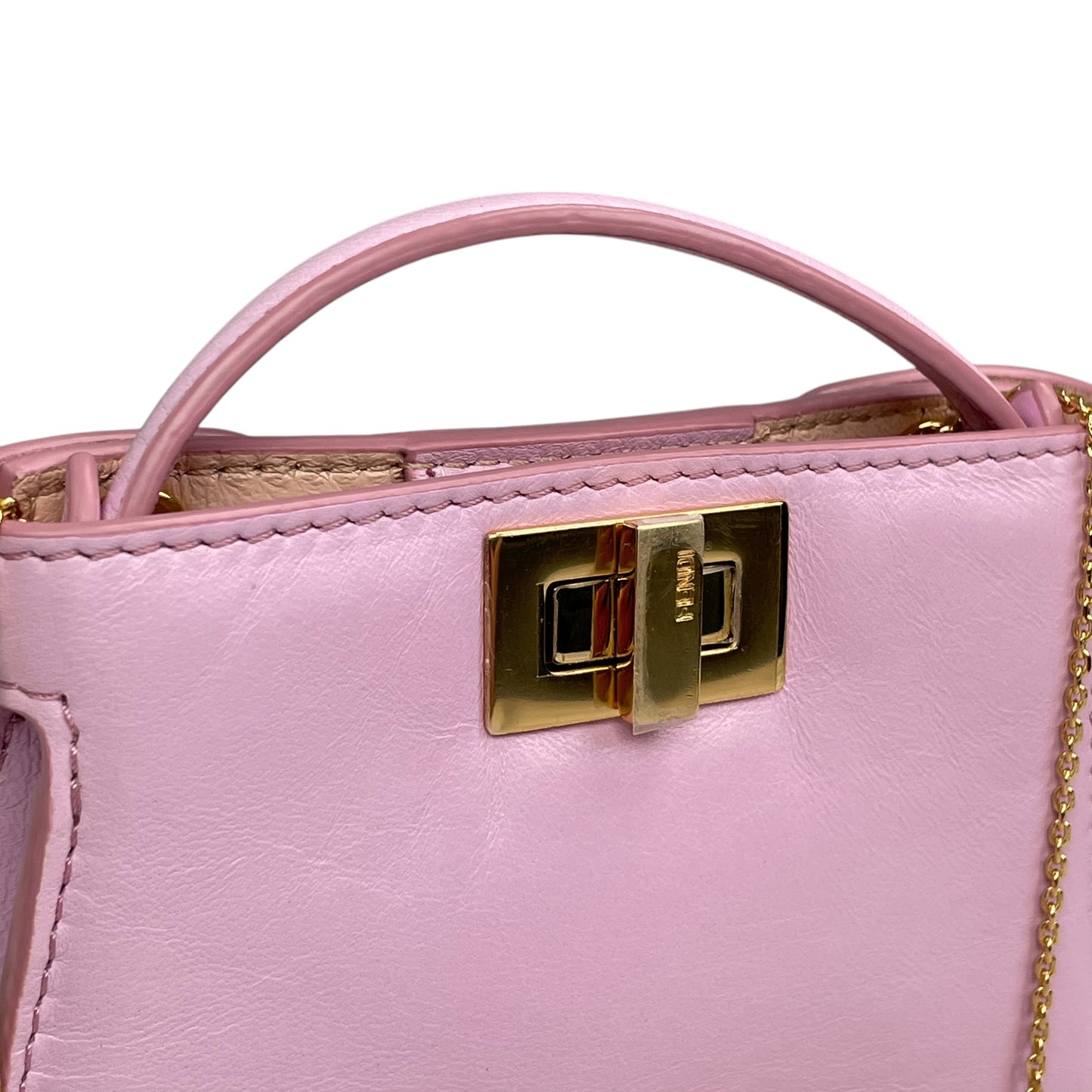 Fendi Peekaboo Micro Nappa Leather Pink Pico Gold Turn-Lock Key Chain Charm Adjustable Purse