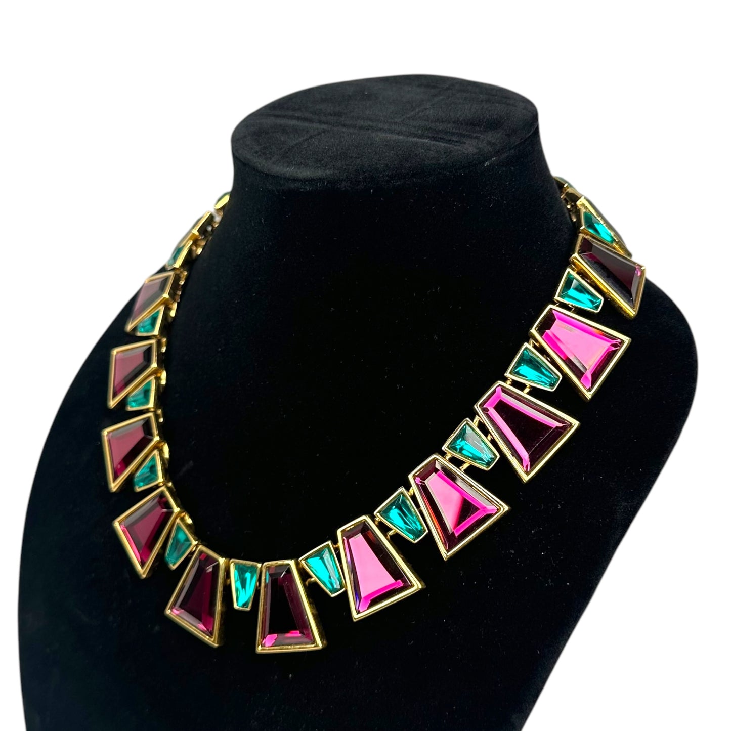 YSL 24K Plated Raspberry Peacock Trapezoid Swarovski Egyptian Mardi Gras Necklace 18"