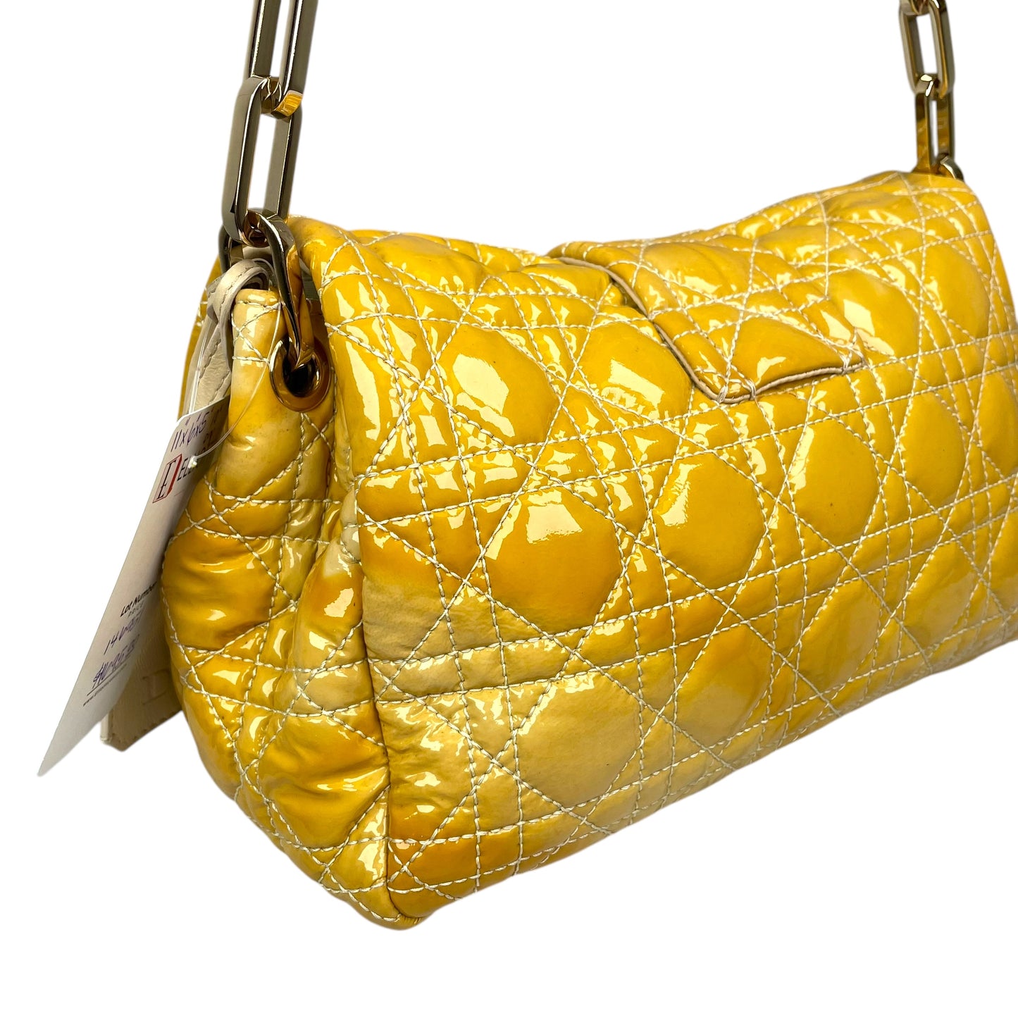 Christian Dior Yellow New Lock Patent Cannage Quilted Flap Shoulder Chain Purse