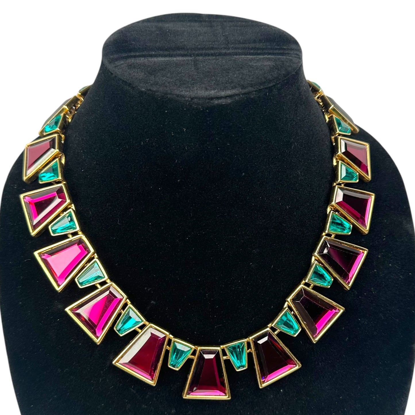 YSL 24K Plated Raspberry Peacock Trapezoid Swarovski Egyptian Mardi Gras Necklace 18"