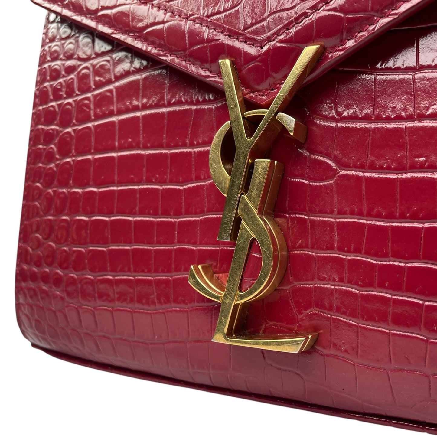 YSL Saint Laurent Mini GHW Bordeaux Croc Embossed Cassandra 2-Way Top Handle