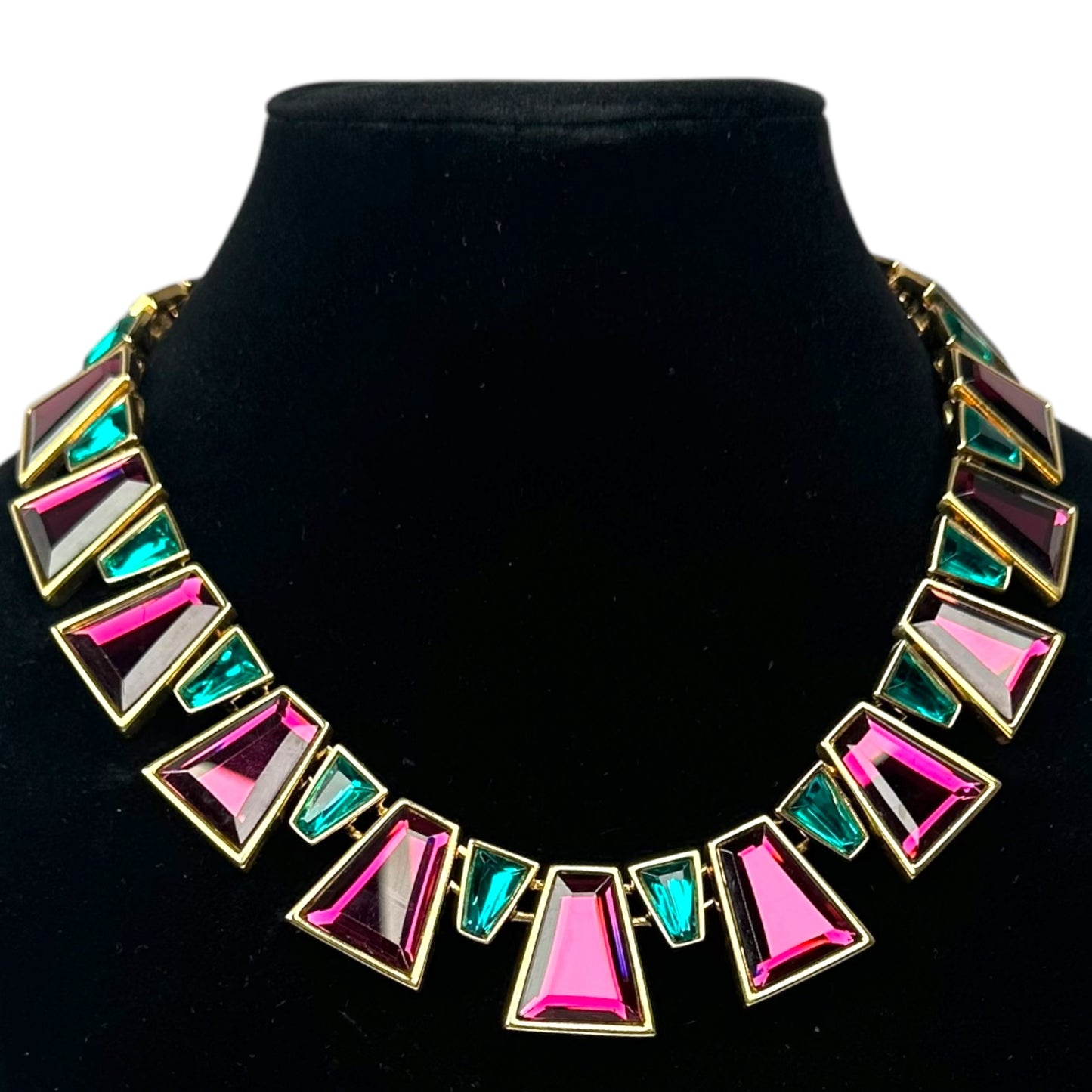 YSL 24K Plated Raspberry Peacock Trapezoid Swarovski Egyptian Mardi Gras Necklace 18"