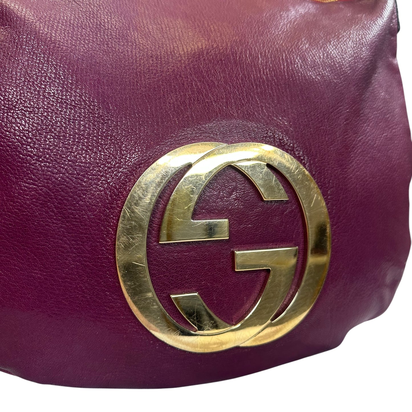 Gucci GG Blondie Hobo Shoulder Purple Gold Leather Tone Zip Hardware Purse