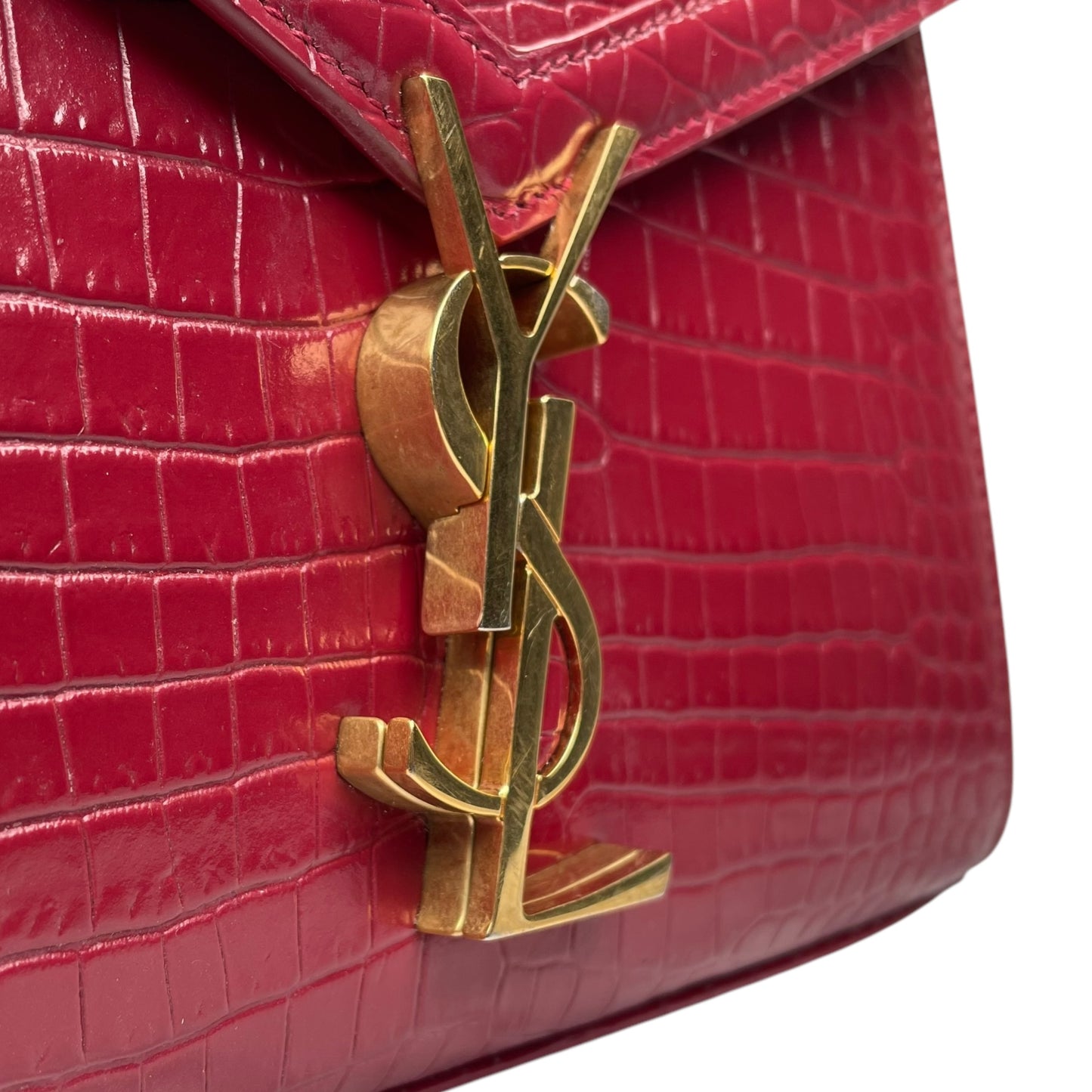 YSL Saint Laurent Mini GHW Bordeaux Croc Embossed Cassandra 2-Way Top Handle