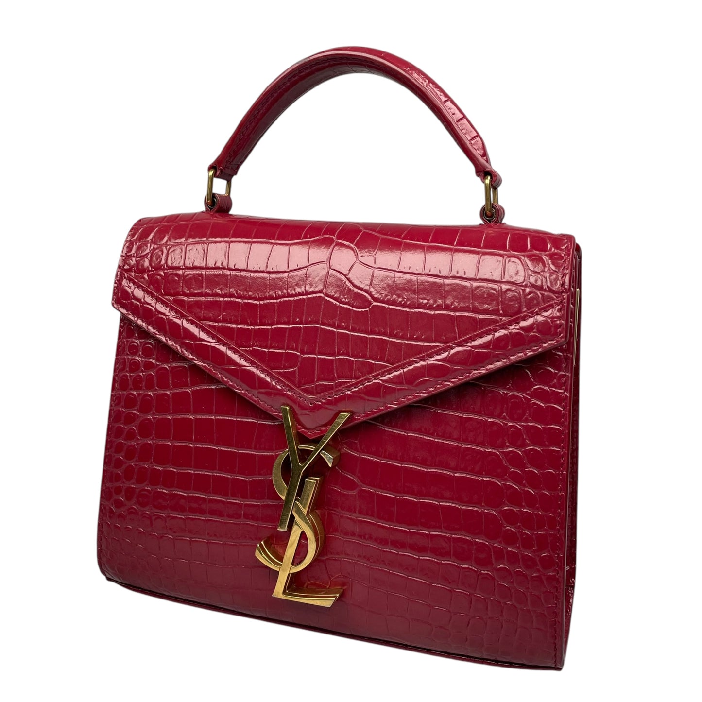YSL Saint Laurent Mini GHW Bordeaux Croc Embossed Cassandra 2-Way Top Handle