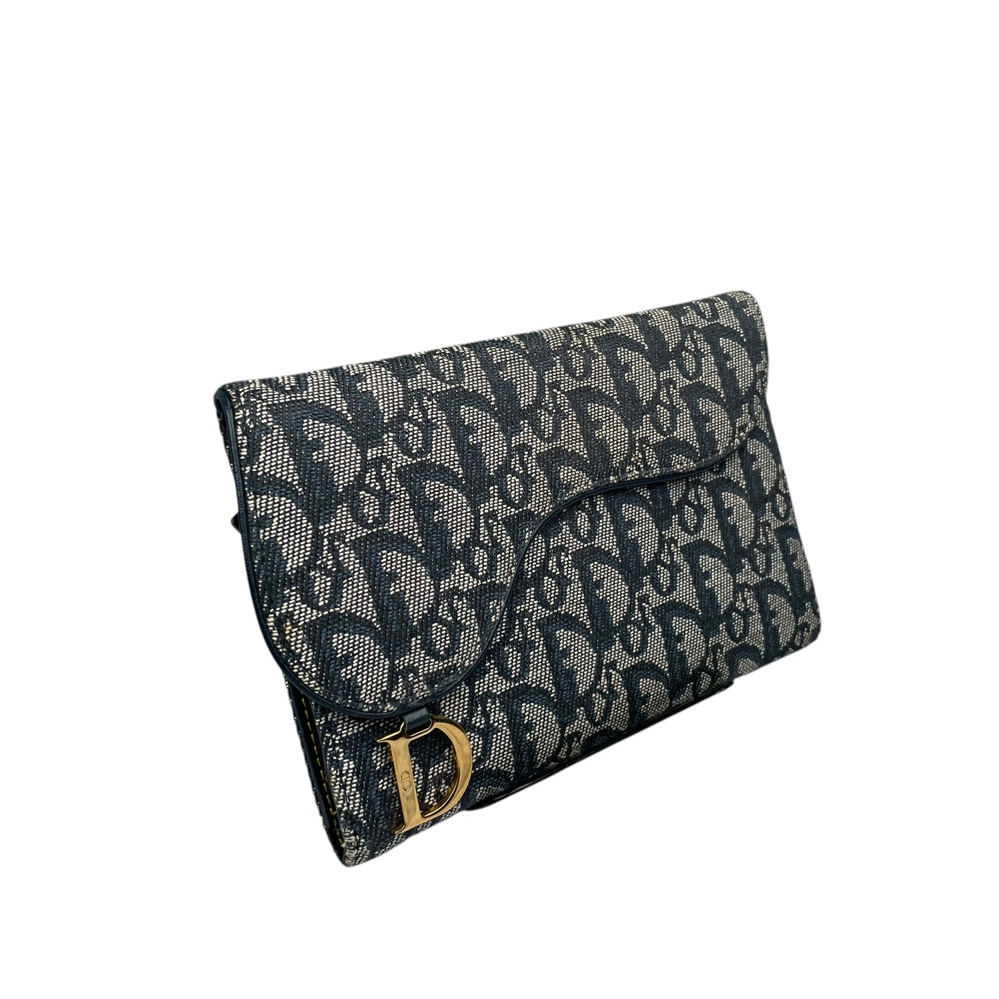 Christian Dior Blue Saddle Bag Large Oblique Trotter Canvas Leather Tri-Fold Wallet