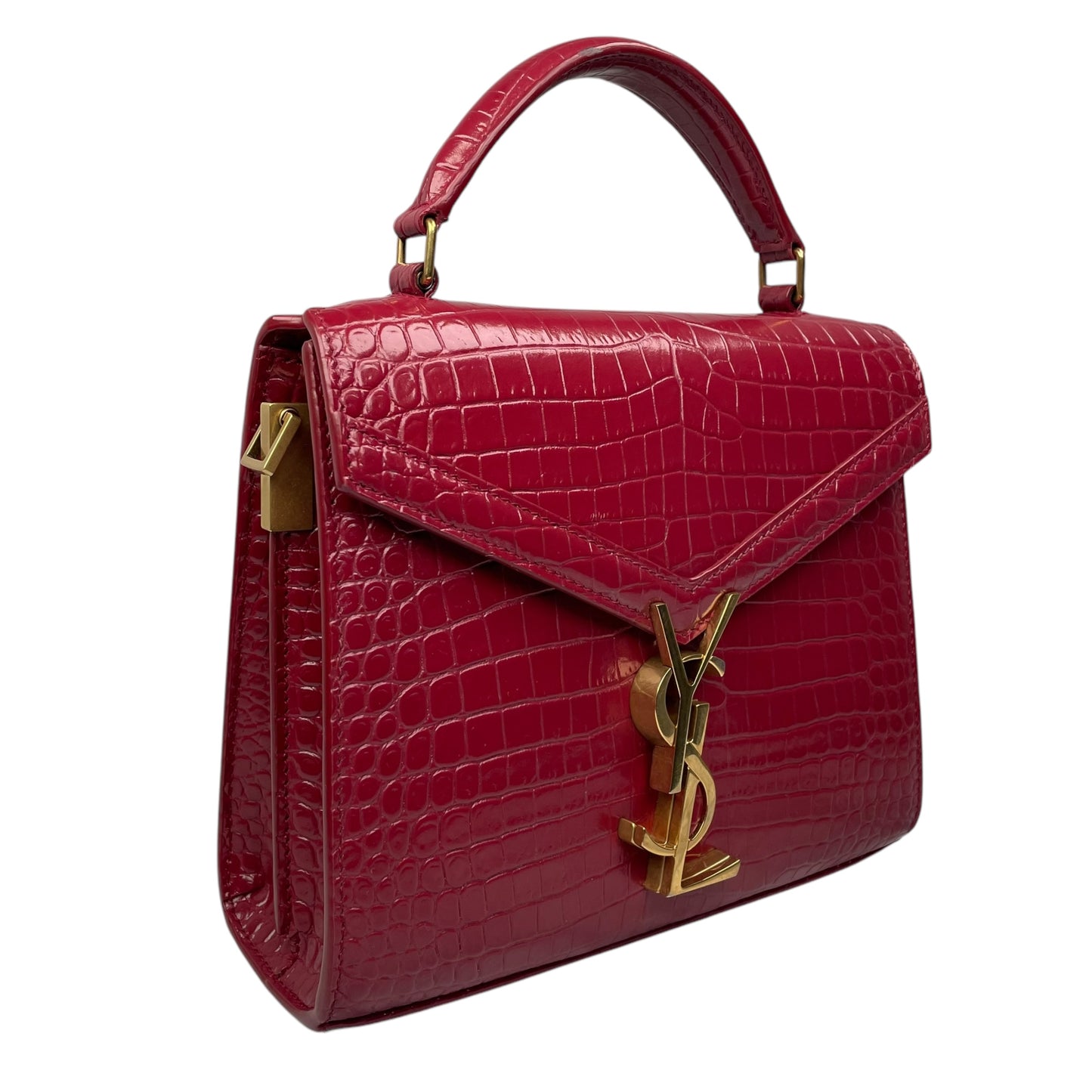 YSL Saint Laurent Mini GHW Bordeaux Croc Embossed Cassandra 2-Way Top Handle