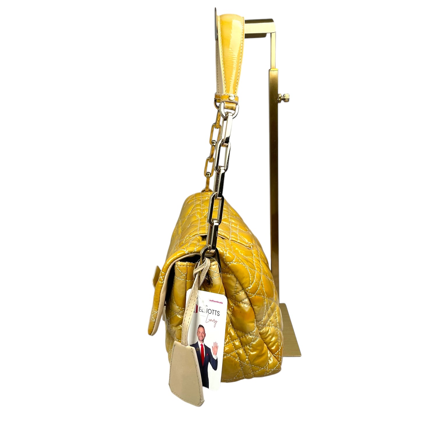 Christian Dior Yellow New Lock Patent Cannage Quilted Flap Shoulder Chain Purse