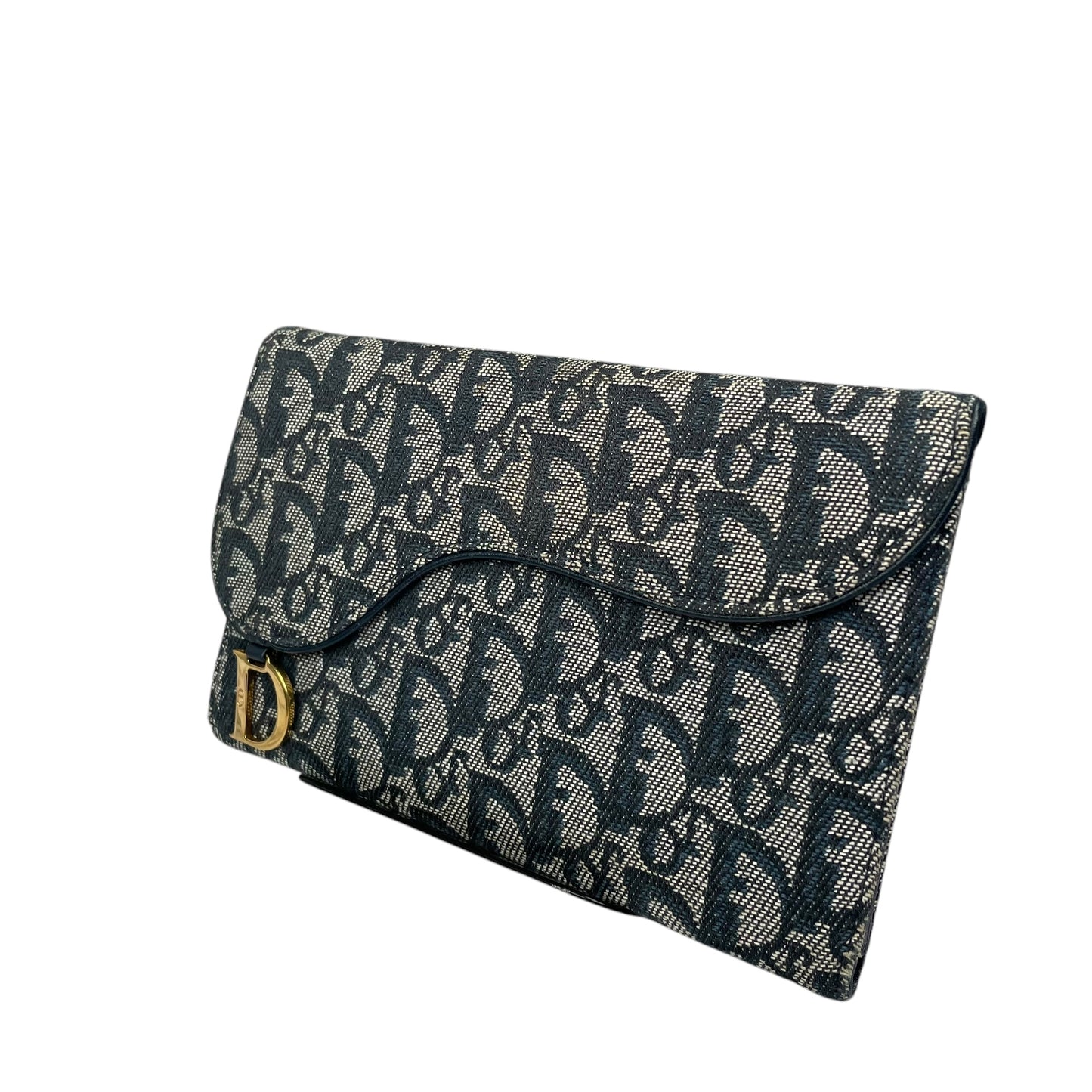 Christian Dior Blue Saddle Bag Large Oblique Trotter Canvas Leather Tri-Fold Wallet