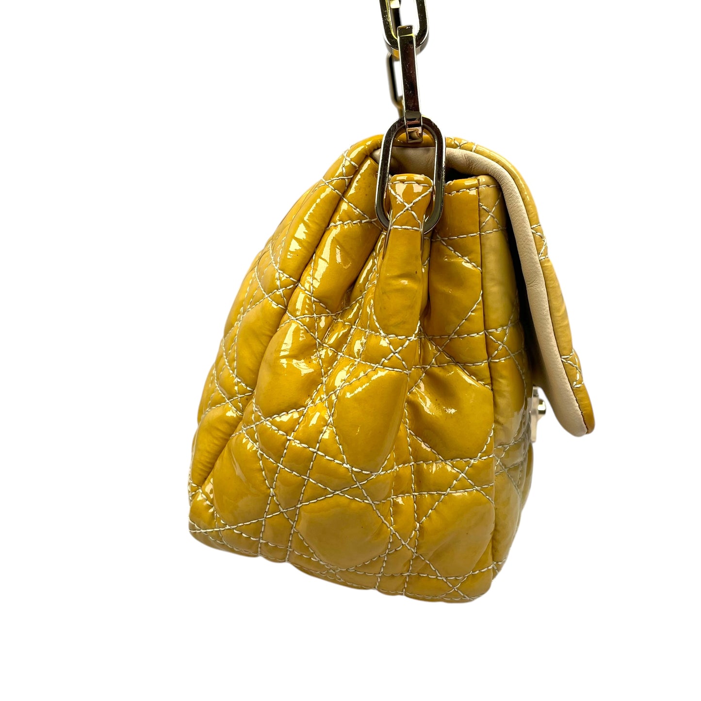 Christian Dior Yellow New Lock Patent Cannage Quilted Flap Shoulder Chain Purse