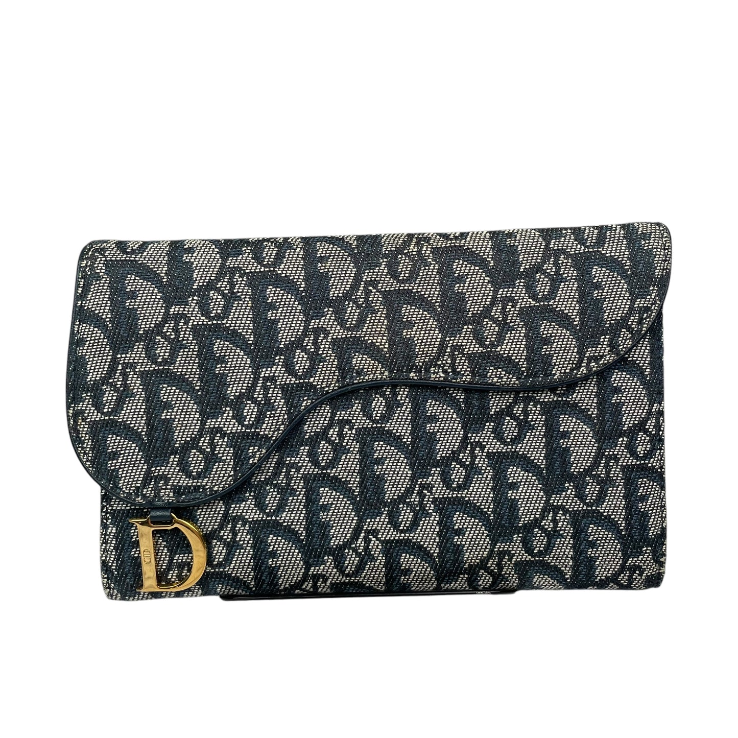 Christian Dior Blue Saddle Bag Large Oblique Trotter Canvas Leather Tri-Fold Wallet