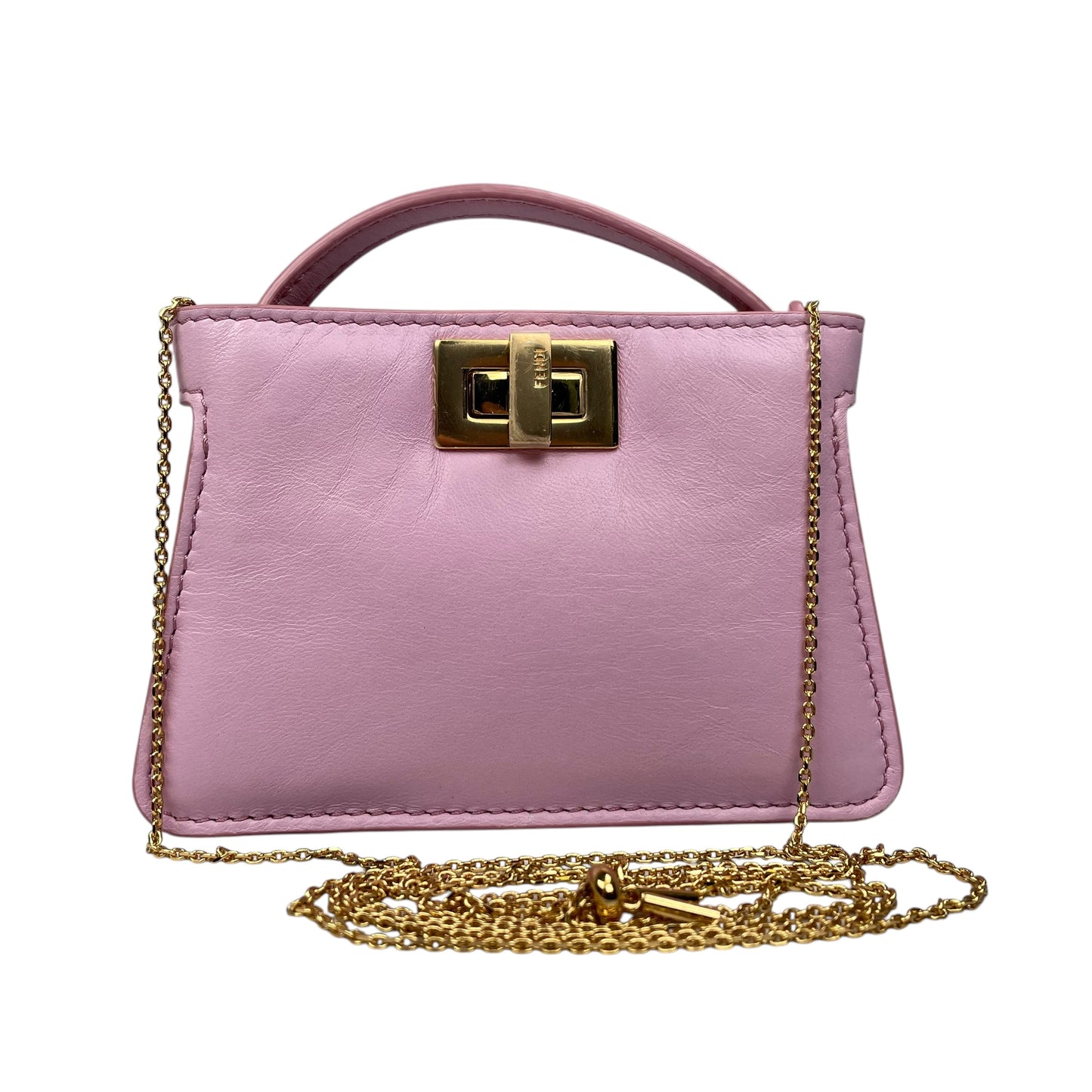 Fendi Peekaboo Micro Nappa Leather Pink Pico Gold Turn-Lock Key Chain Charm Adjustable Purse