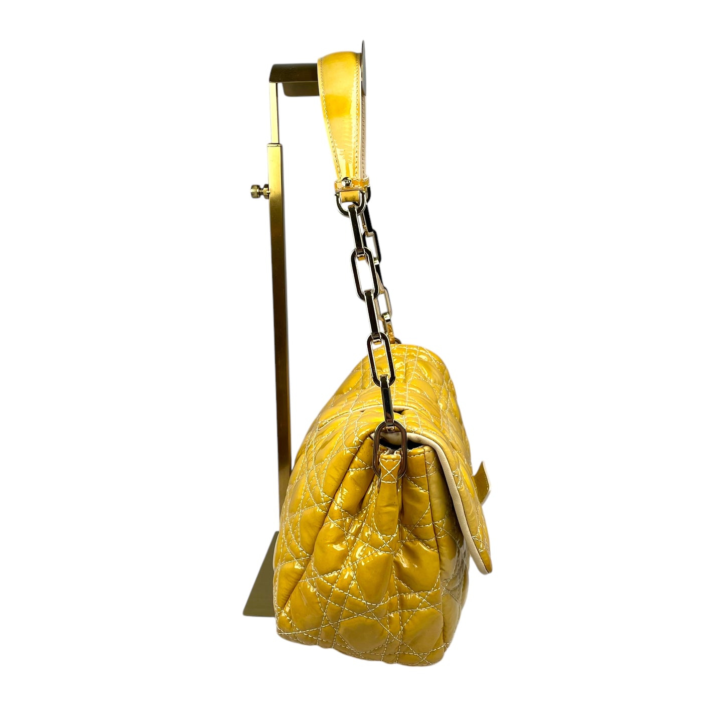 Christian Dior Yellow New Lock Patent Cannage Quilted Flap Shoulder Chain Purse