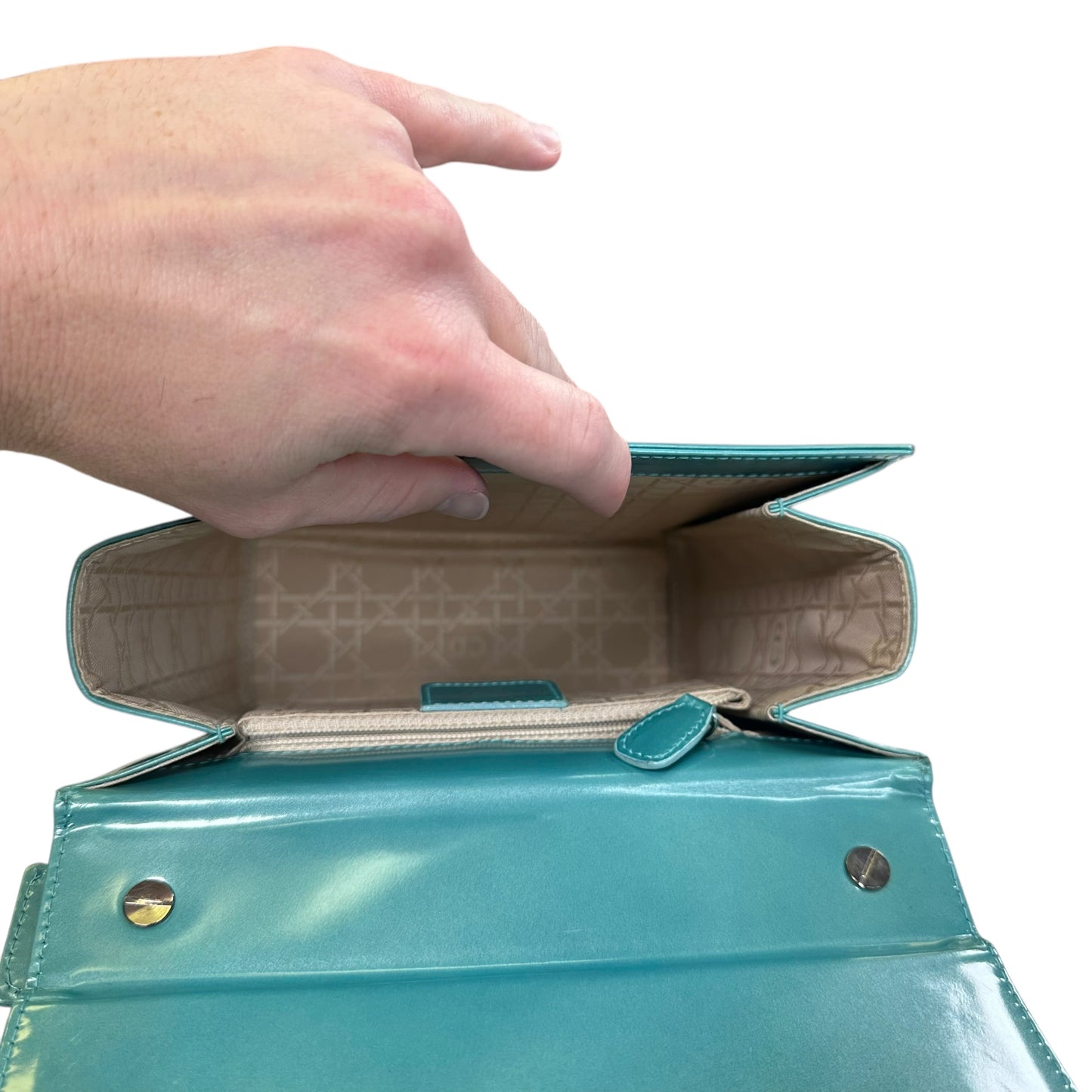 Christian Dior Lady Mini Clutch Teal Silver Patent Leather Enamel Flap Purse