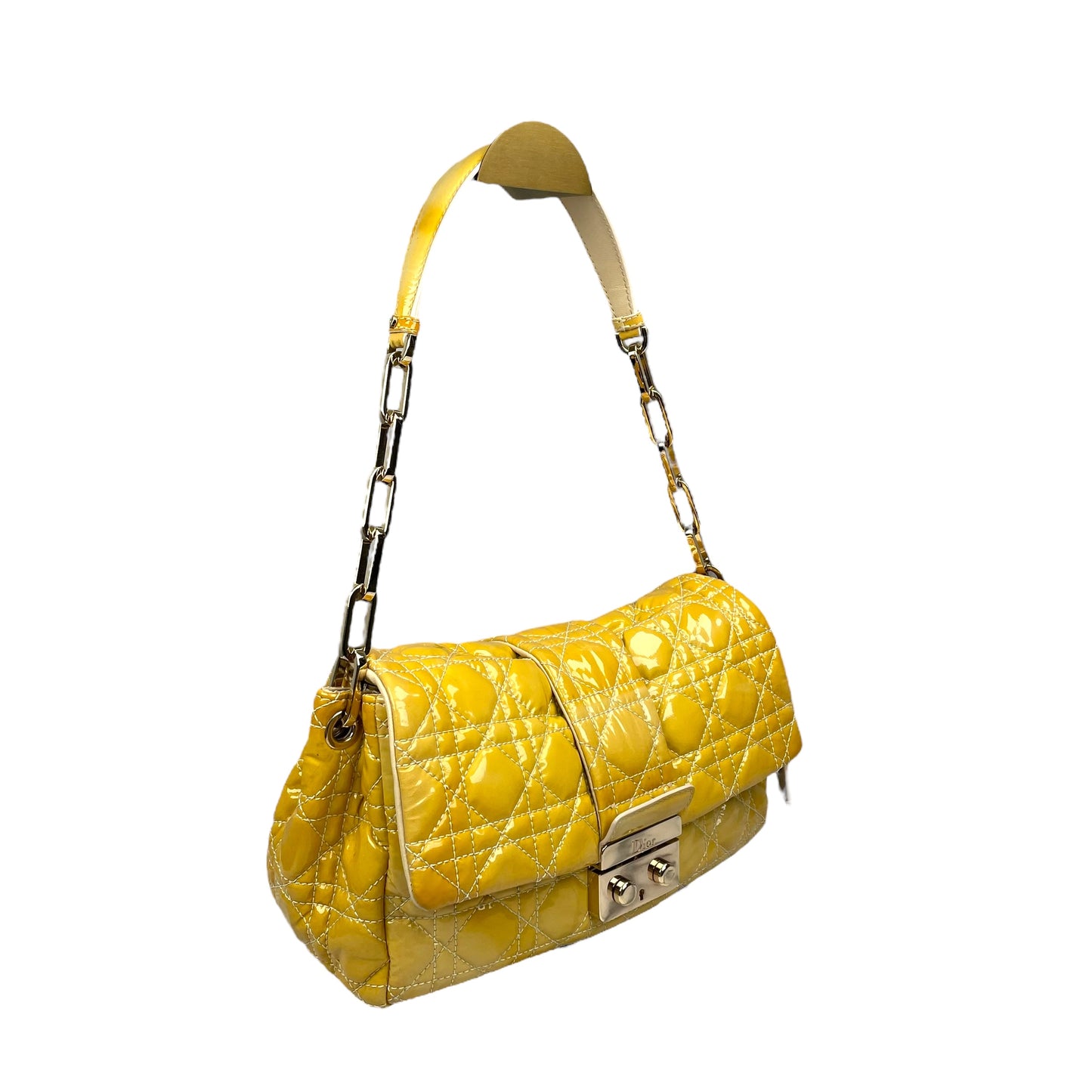Christian Dior Yellow New Lock Patent Cannage Quilted Flap Shoulder Chain Purse