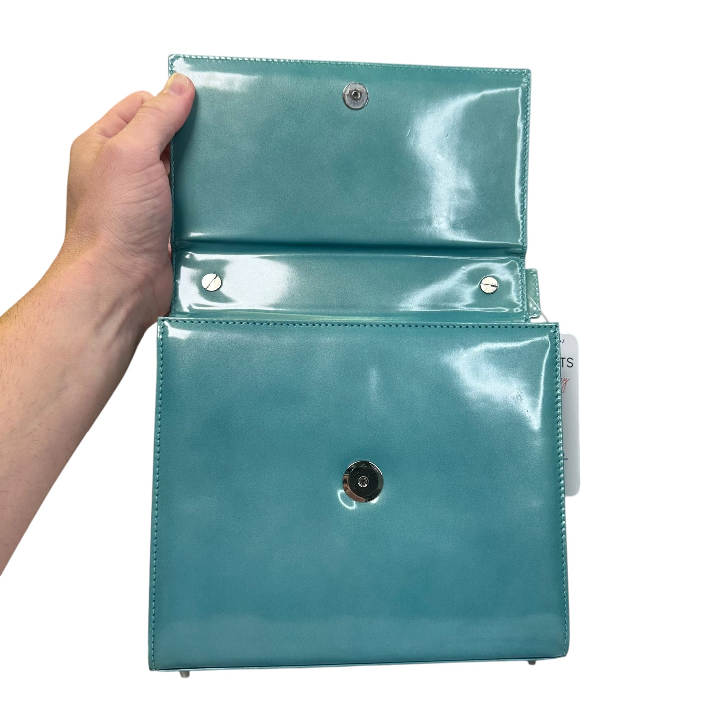 Christian Dior Lady Mini Clutch Teal Silver Patent Leather Enamel Flap Purse