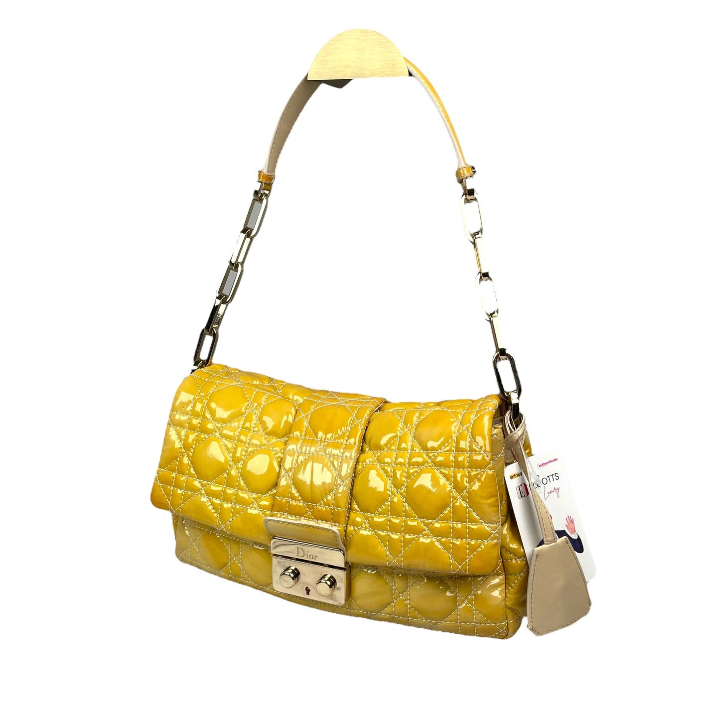 Christian Dior Yellow New Lock Patent Cannage Quilted Flap Shoulder Chain Purse
