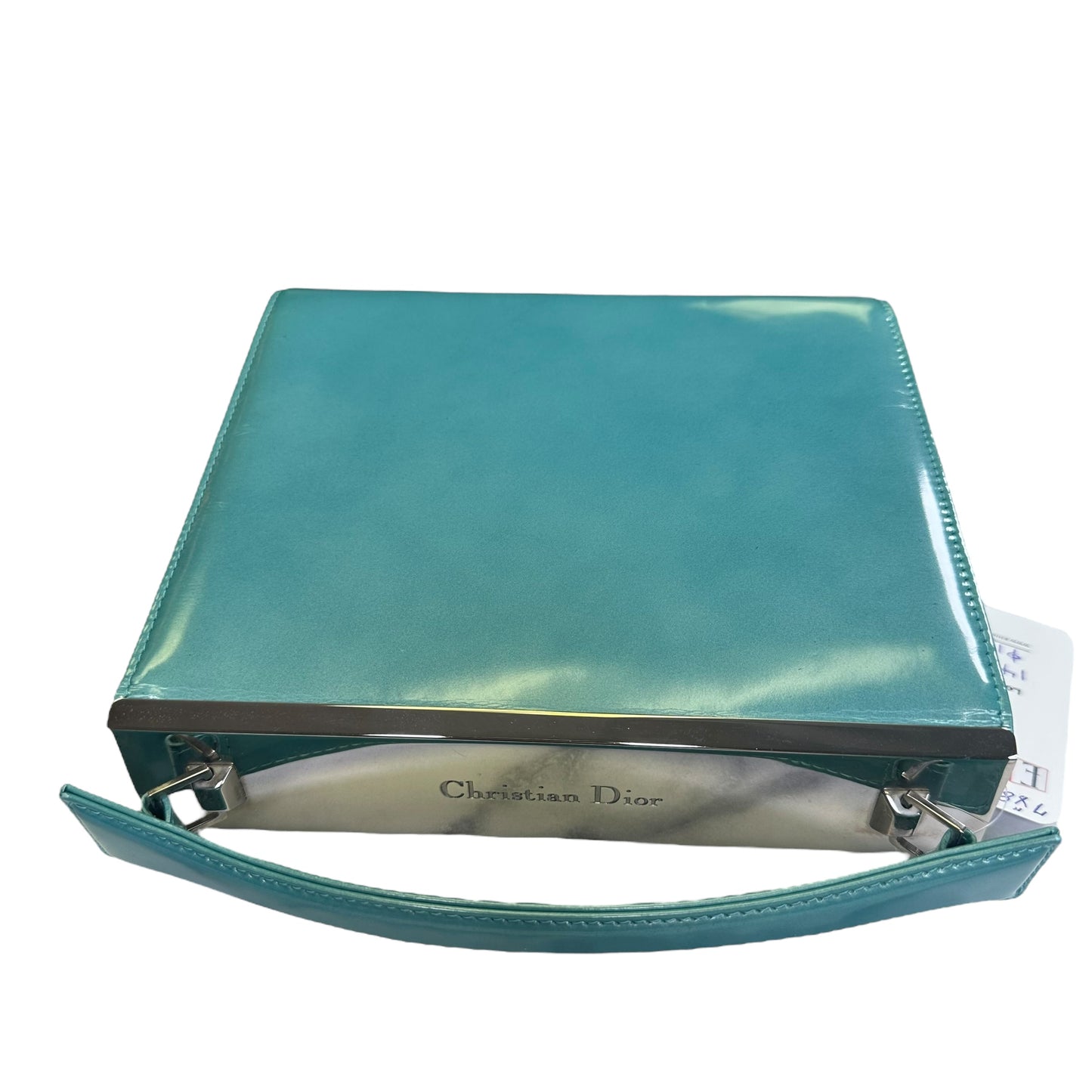 Christian Dior Lady Mini Clutch Teal Silver Patent Leather Enamel Flap Purse