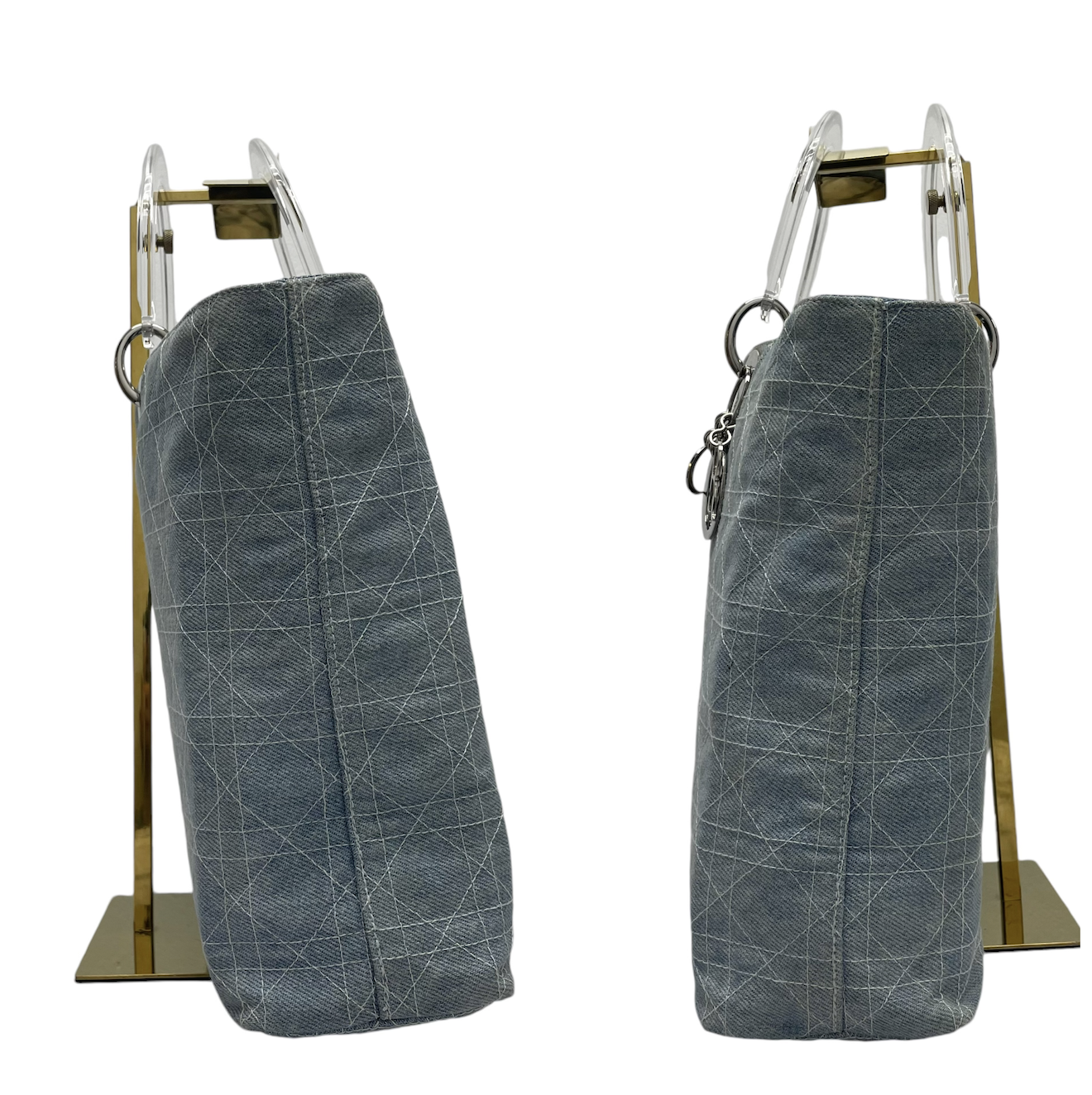 Christian Dior Denim Light Blue Acrylic Handle Silver Hardware Multi-Compartment Large Tote Purse