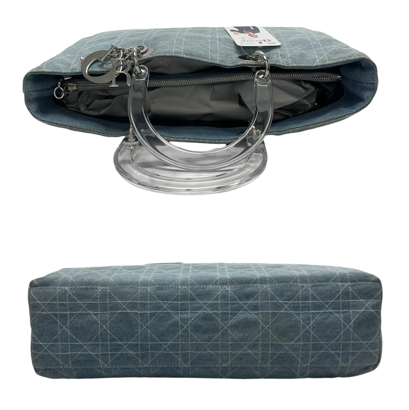 Christian Dior Denim Light Blue Acrylic Handle Silver Hardware Multi-Compartment Large Tote Purse