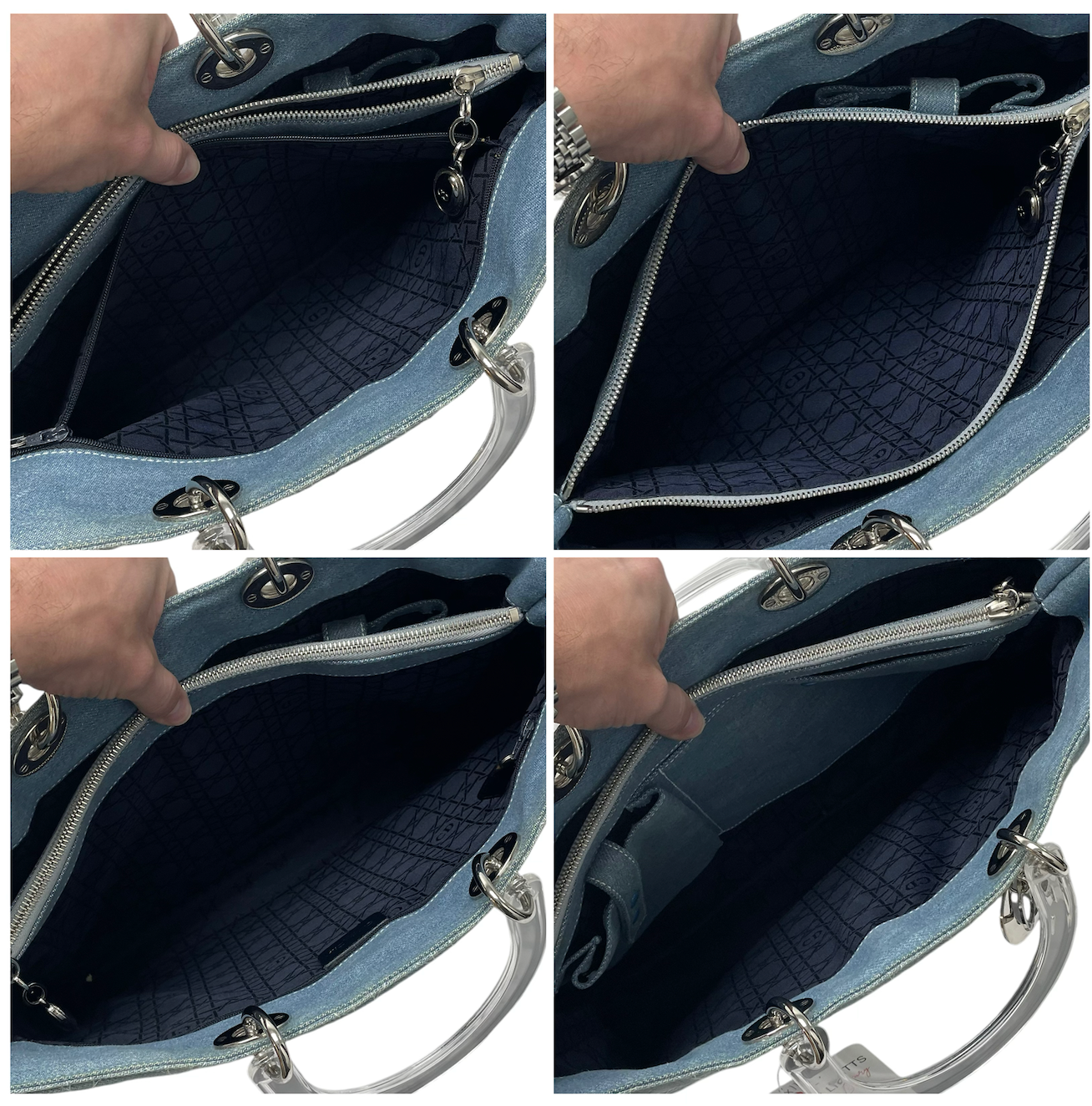 Christian Dior Denim Light Blue Acrylic Handle Silver Hardware Multi-Compartment Large Tote Purse