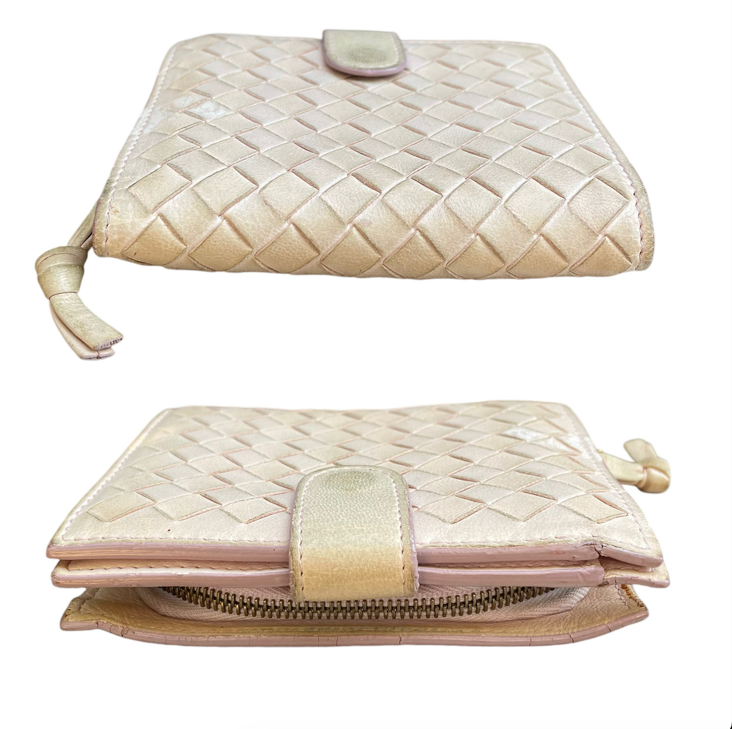 Bottega Veneta Pink Cream Cash Card Zip Coin Woven Bi Fold Snap Wallet