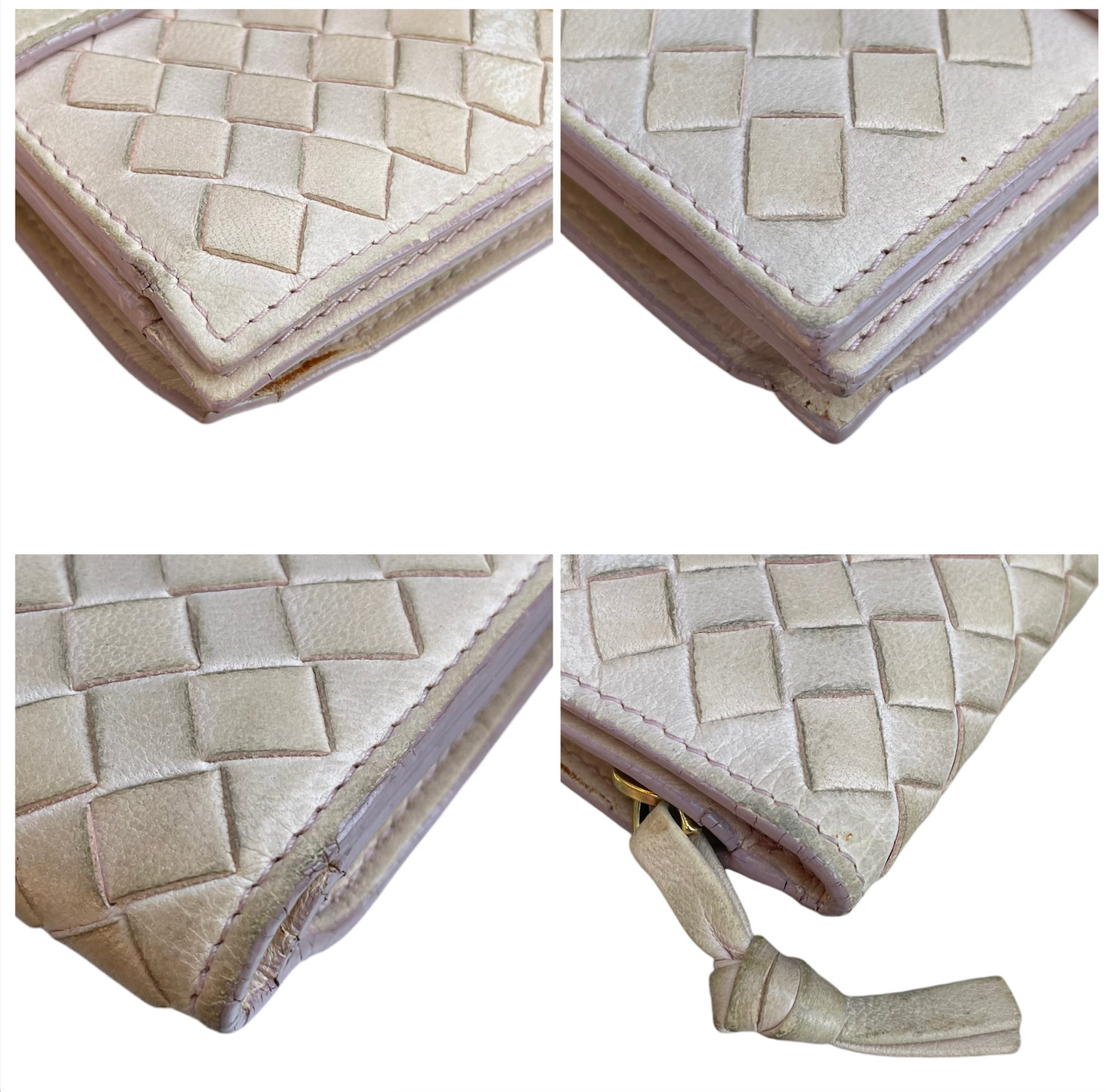Bottega Veneta Pink Cream Cash Card Zip Coin Woven Bi Fold Snap Wallet