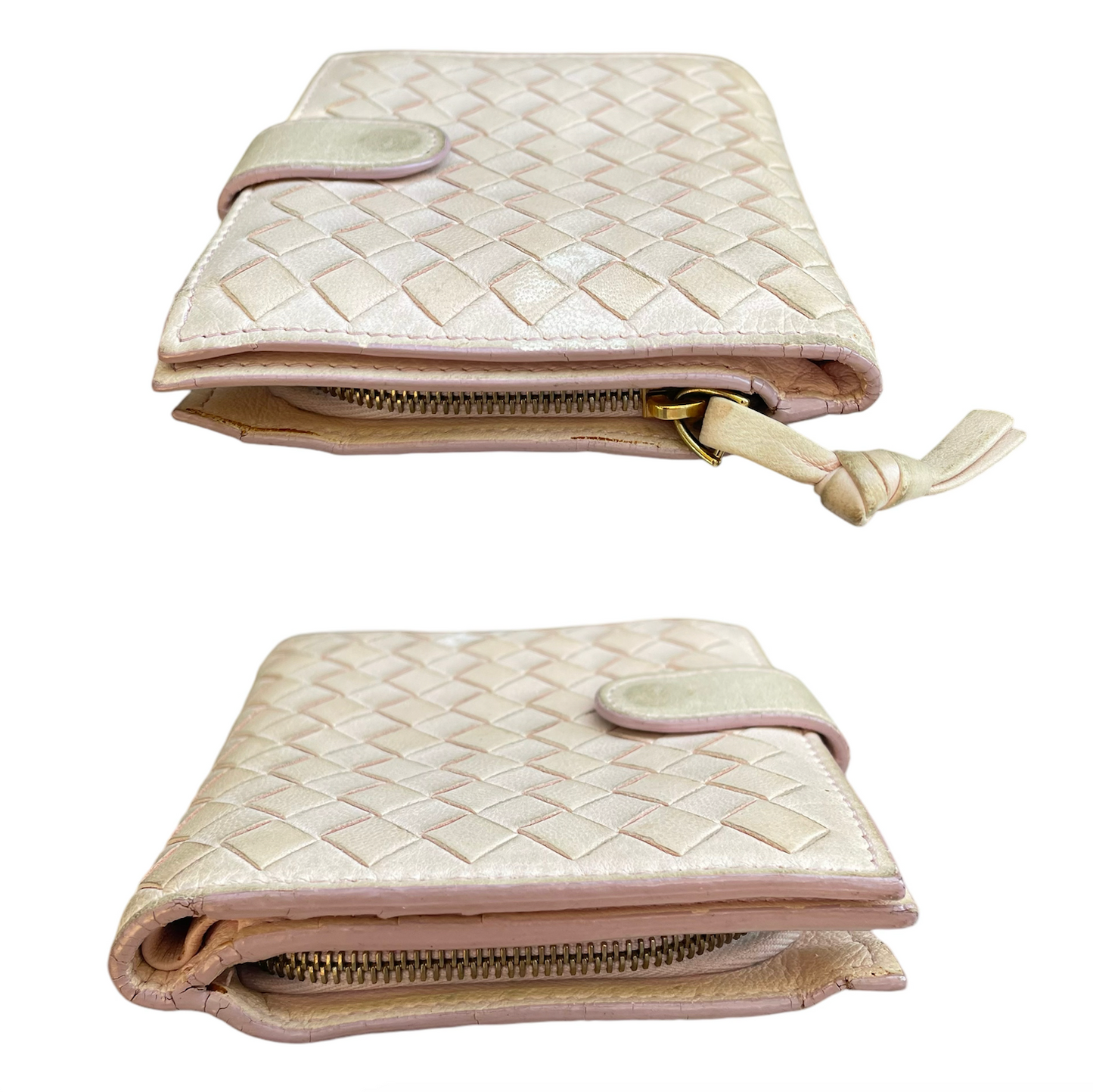 Bottega Veneta Pink Cream Cash Card Zip Coin Woven Bi Fold Snap Wallet