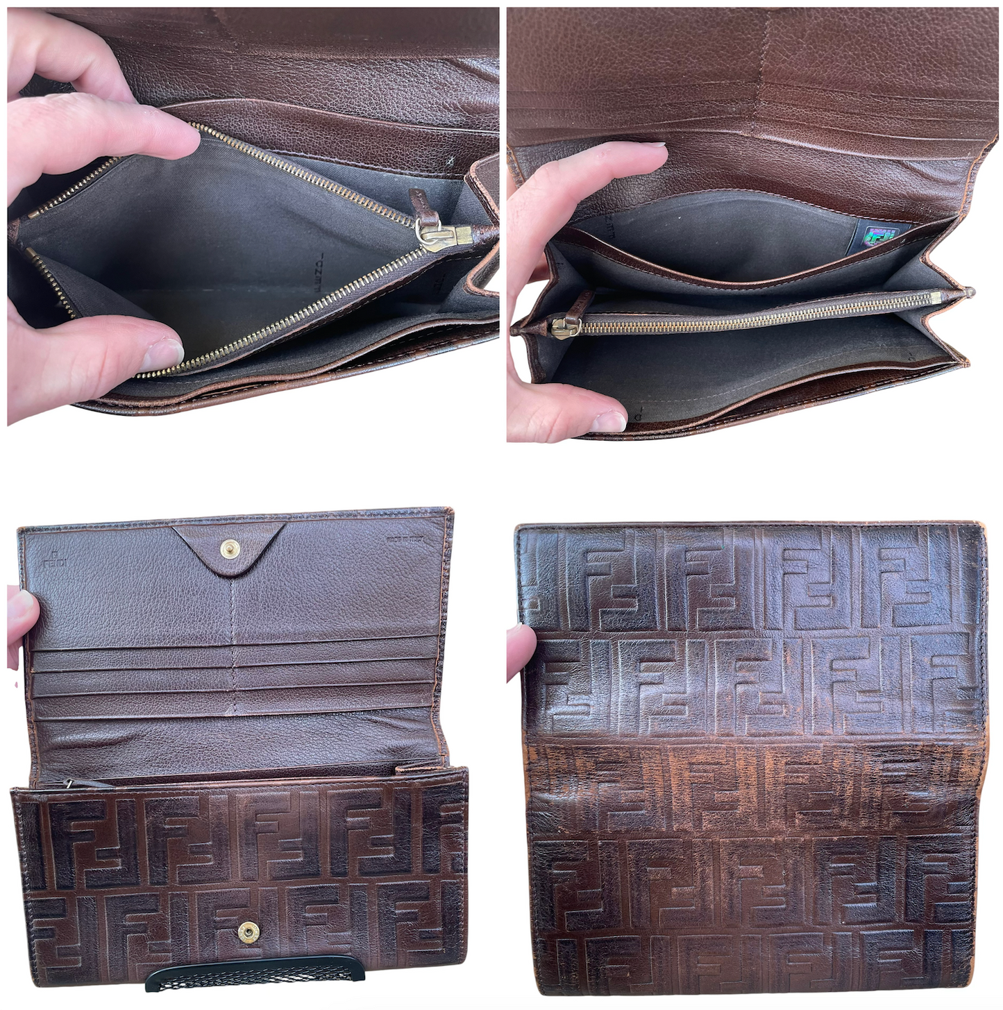 Fendi Zucca Rustic Embossed Brown Leather Bi-Fold Long Wallet