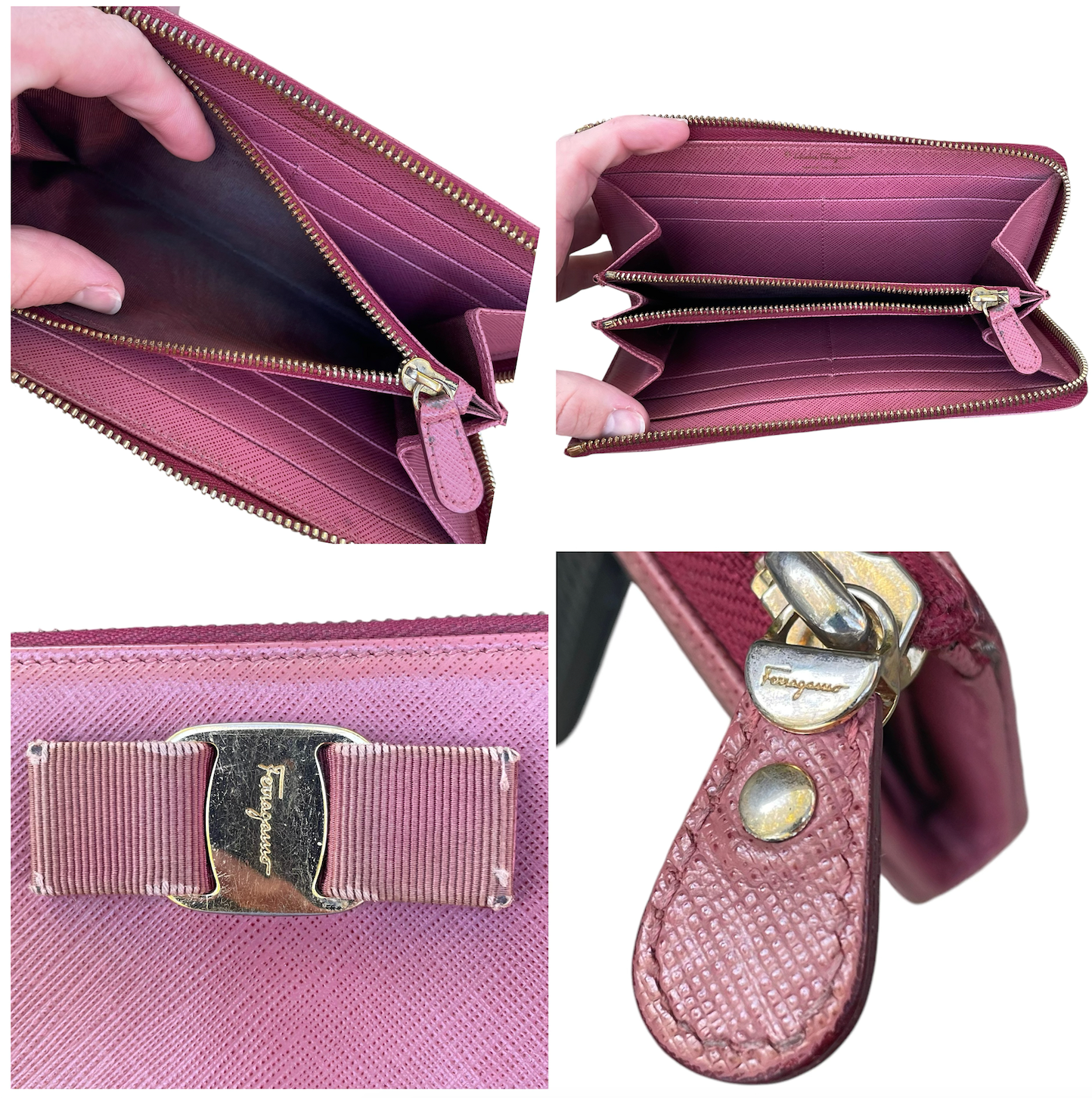 Salvatore Ferragamo Saffiano Purple Vara Ribbon Bow Zip Around Long Wallet