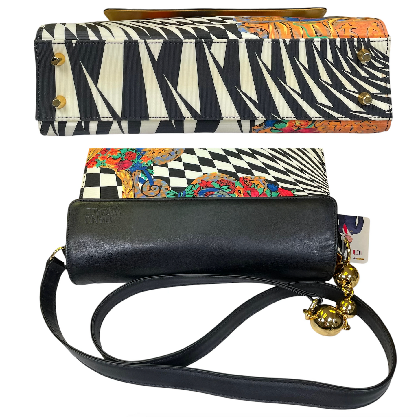 Gianni Versace Psychedelic Illusion Metallic Gold Black White Ball Printed Crossbody Shoulder Purse
