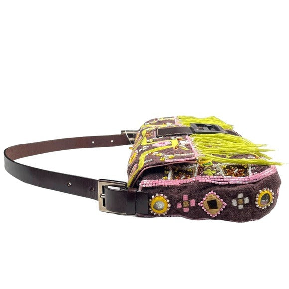 Fendi Brown Canvas Mirrored Beaded Fringe Leather Baguette Shoulder Purse