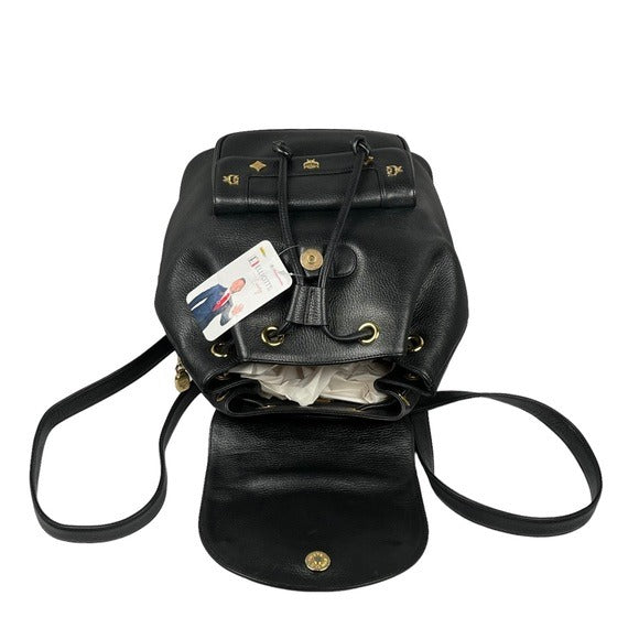 MCM Black Calf Leather Pebbled Gold Plated Multi Stud Flap Drawstring Backpack