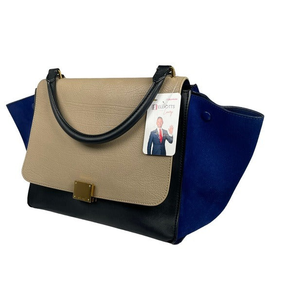 Celine Tri-Color Royal Blue Taupe Black Gold Large Shoulder Bucket Snap Purse
