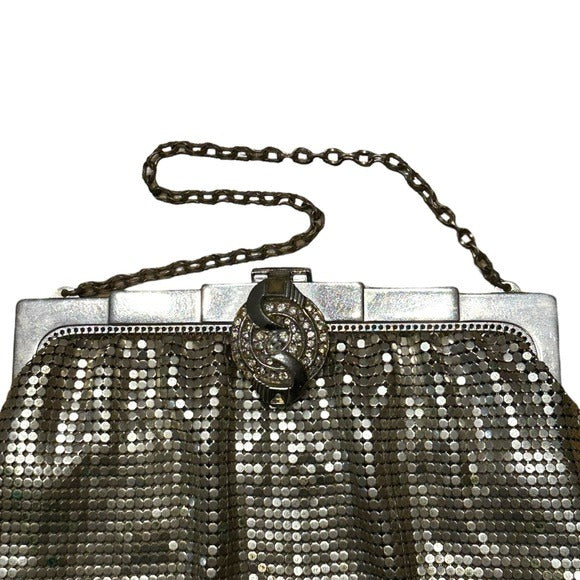 Whiting & Davis Rhinestone Clip Lock Metal Mesh Clutch Wristlet Silver Purse