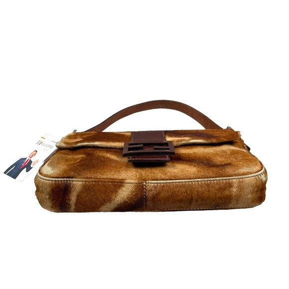 Fendi Calf-Hair Abstract Classic Baguette Shoulder Purse Flap Sterling Bag