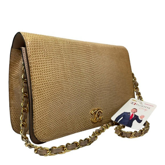 Chanel CC Exotic Lizard Single Flap 24K Plated Lambskin Snap Closure Purse Bag
