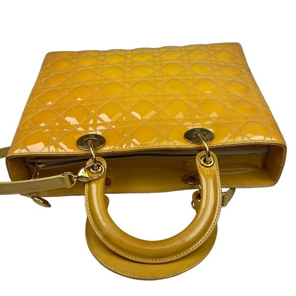 Christian Dior Lady Medium Patent Mustard Cannage Two-Way Top Handle Tote Purse
