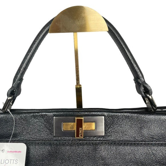 Fendi Black Leather Large Peek-A-Boo Exotic Turn-Key Top Handle Purse To…